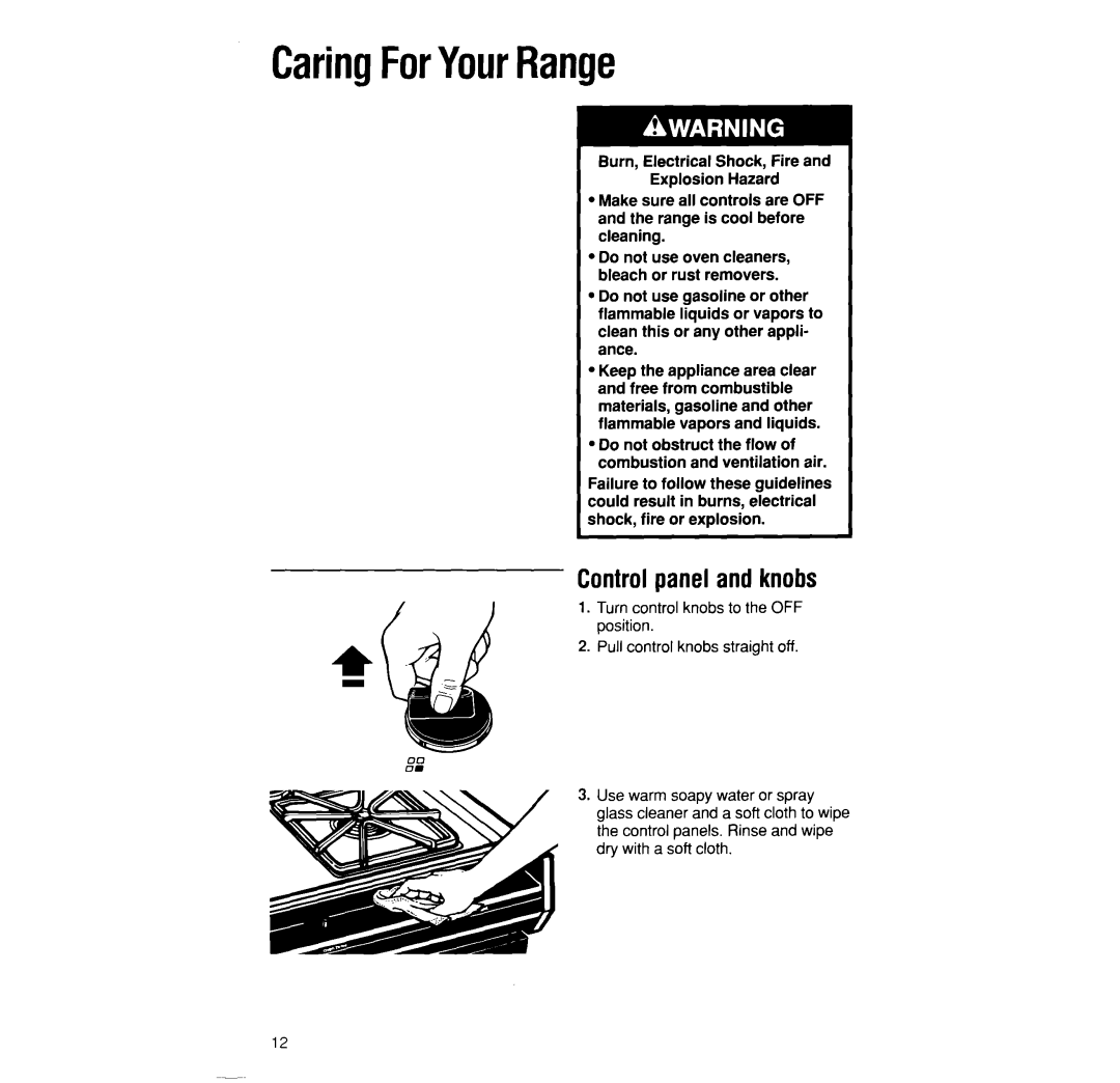 Whirlpool SF3000SW/EW manual CaringForYourRange, Controlpanel and knobs 