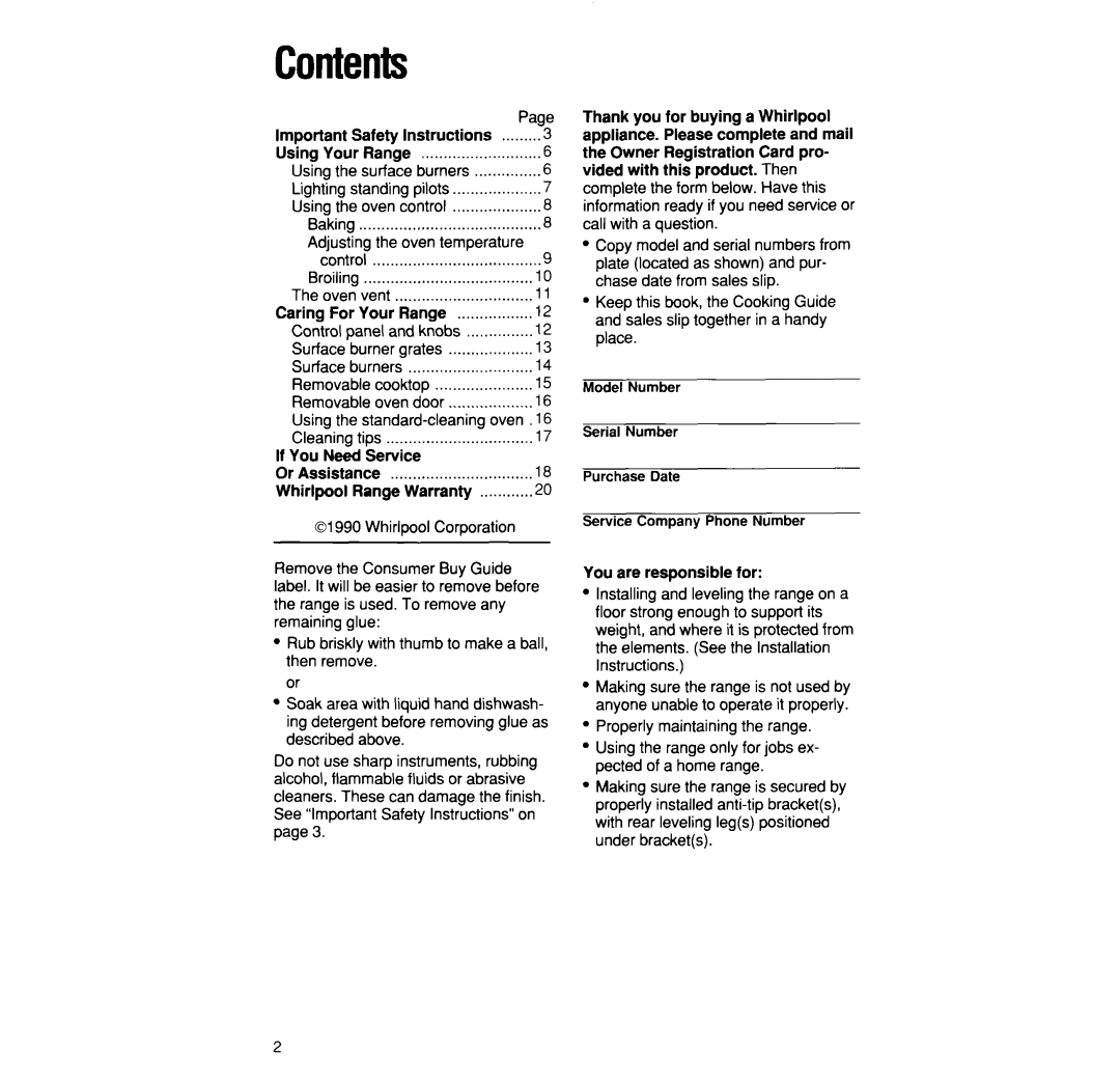 Whirlpool SF3000SW/EW manual Contents 