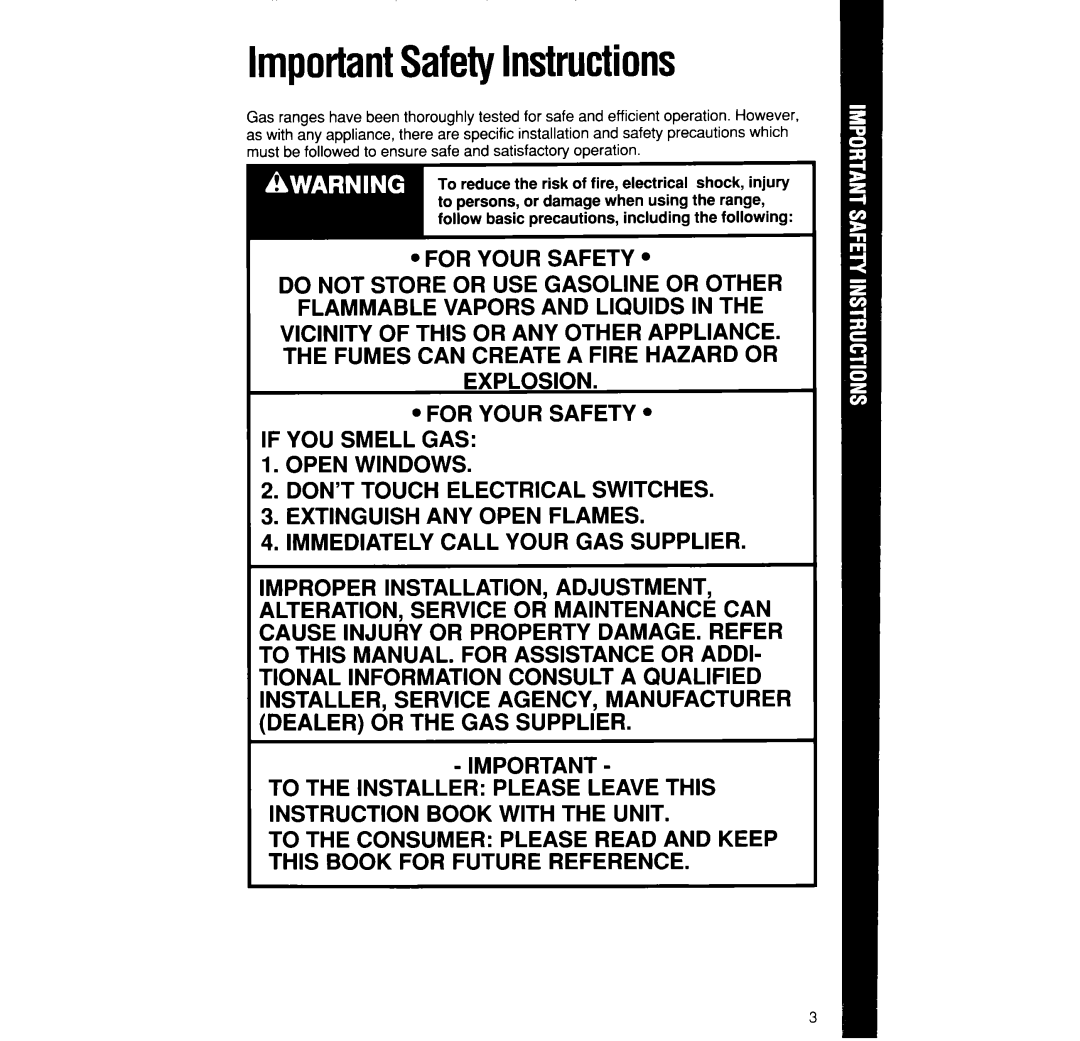 Whirlpool SF3000SW/EW manual ImportantSafetyInstructions 