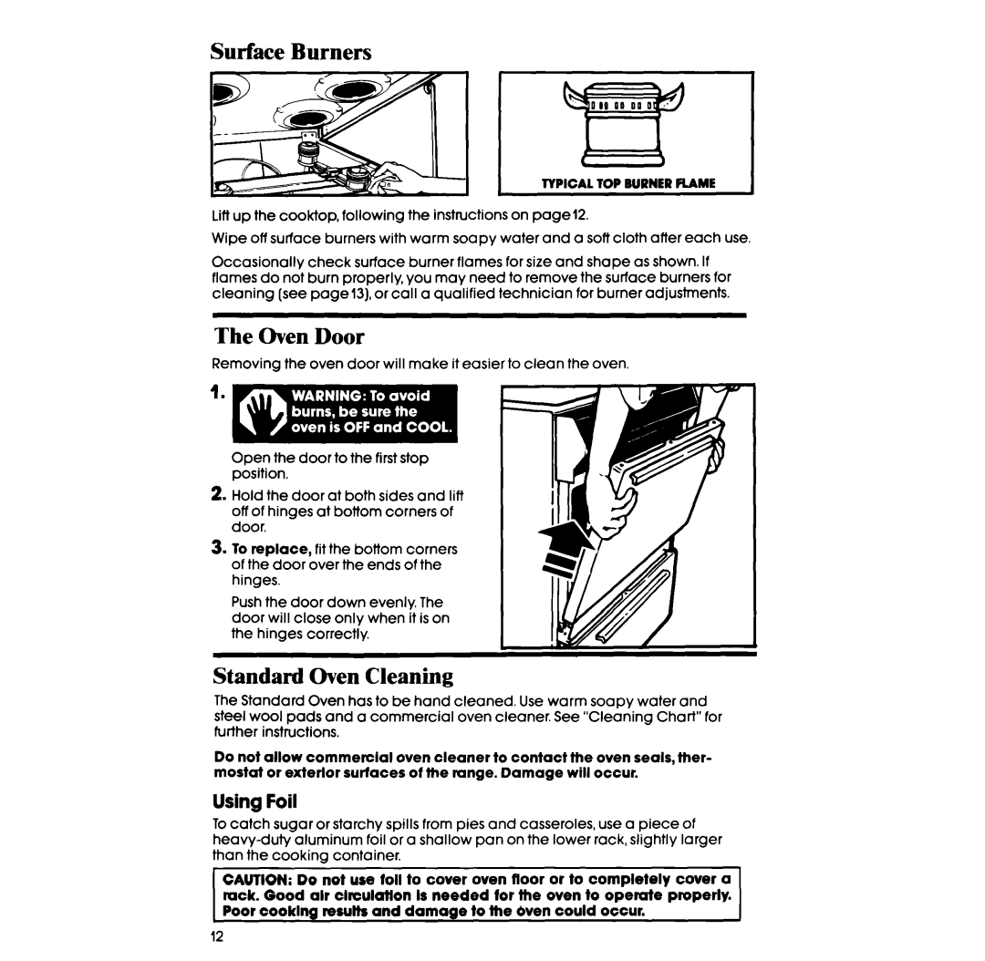Whirlpool SF3004SR manual Surface Burners, Oven Door, Standard Oven Cleaning, Using Foil 