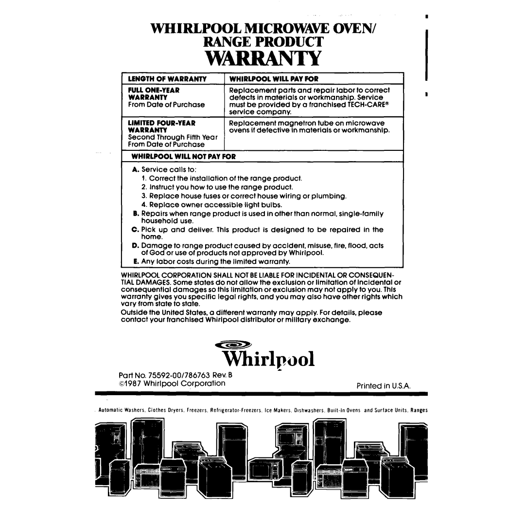 Whirlpool SF3004SR manual Range Product 