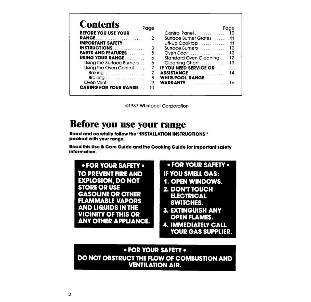 Whirlpool SF3004SR manual Contents 