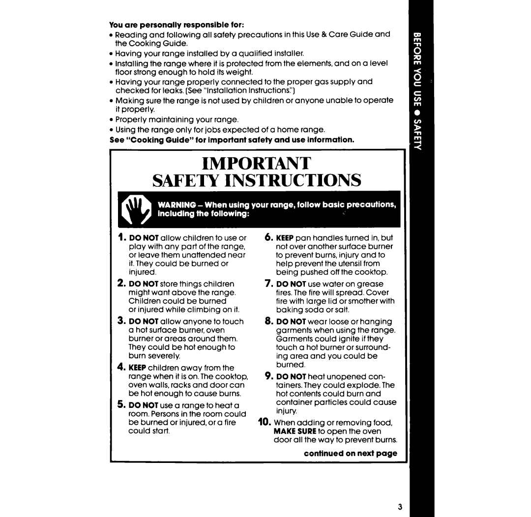 Whirlpool SF3004SR manual Safety Instructions 