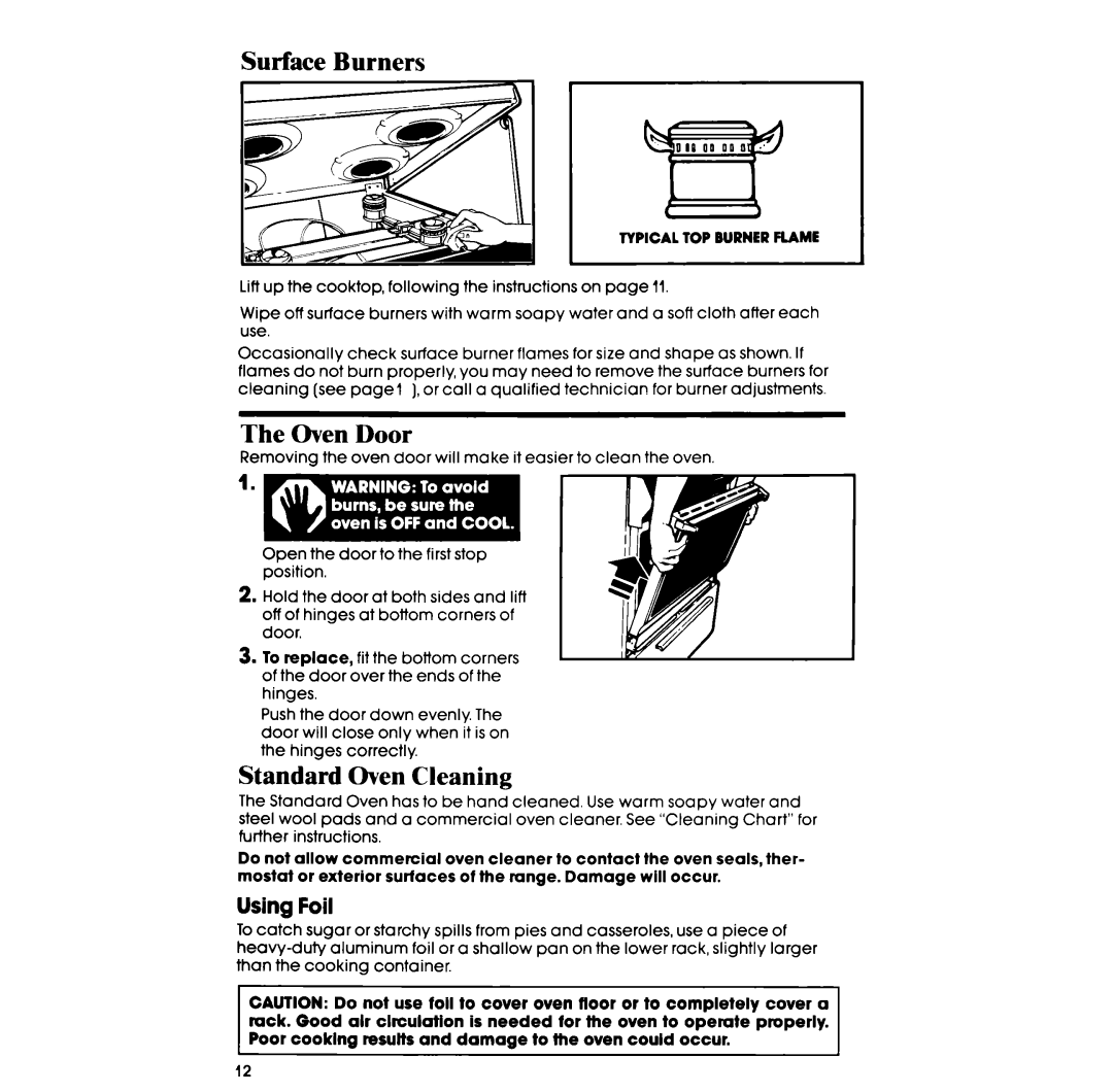 Whirlpool SF300BSR, SF3007SR manual Surface Burners, Oven Door, Standard Oven Cleaning, Using Foil 