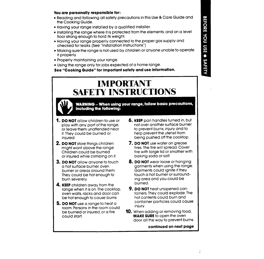 Whirlpool SF3007SR You are personally responsible for, See Cooking Guide for important safety and use information, On next 