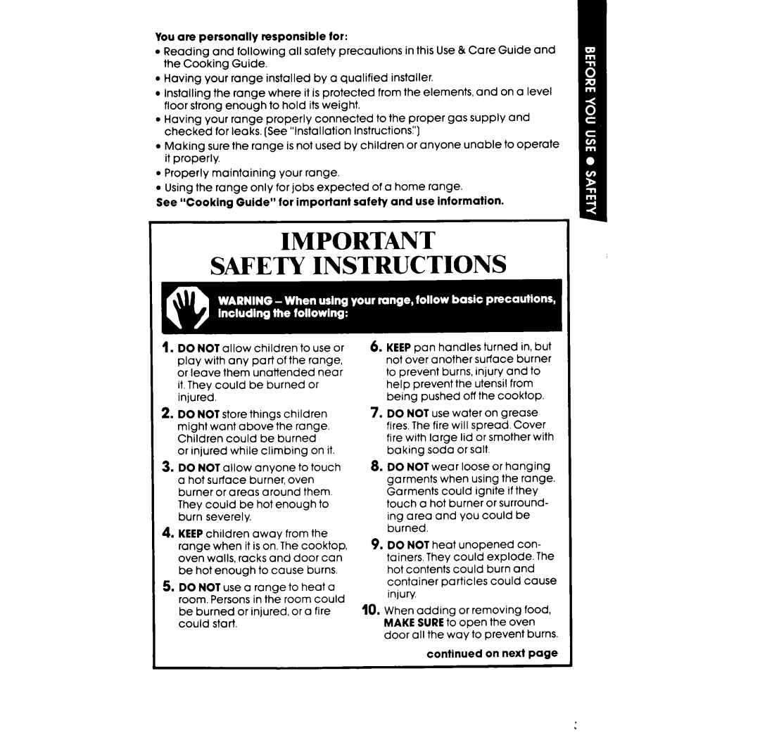 Whirlpool SF3007SR, SF300BSR manual Safety Instructions, You are personally responsible for, continued on next page 