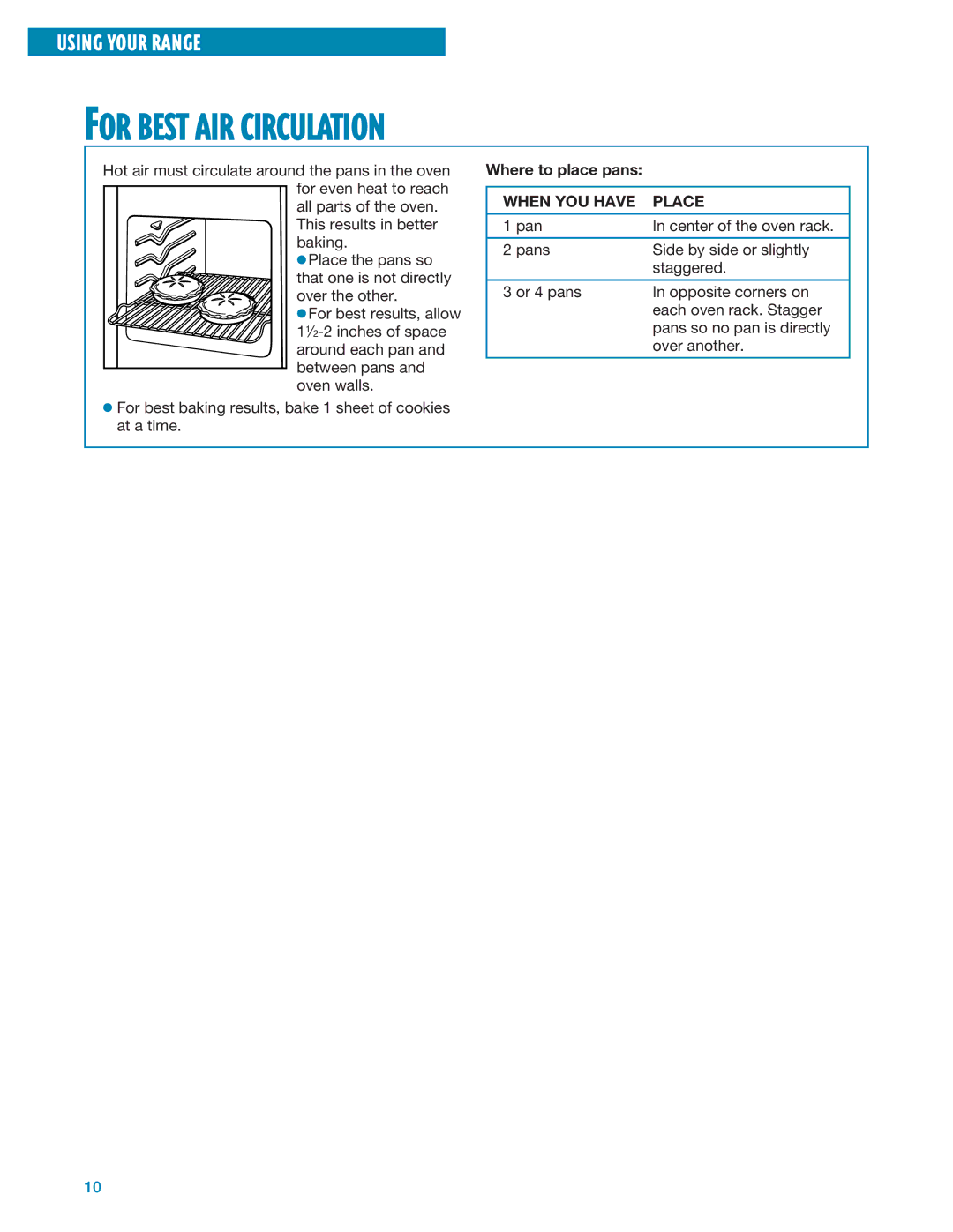 Whirlpool SF305PEE, SF3020EE, SF304PEE warranty For Best AIR Circulation, Where to place pans, When YOU have Place 