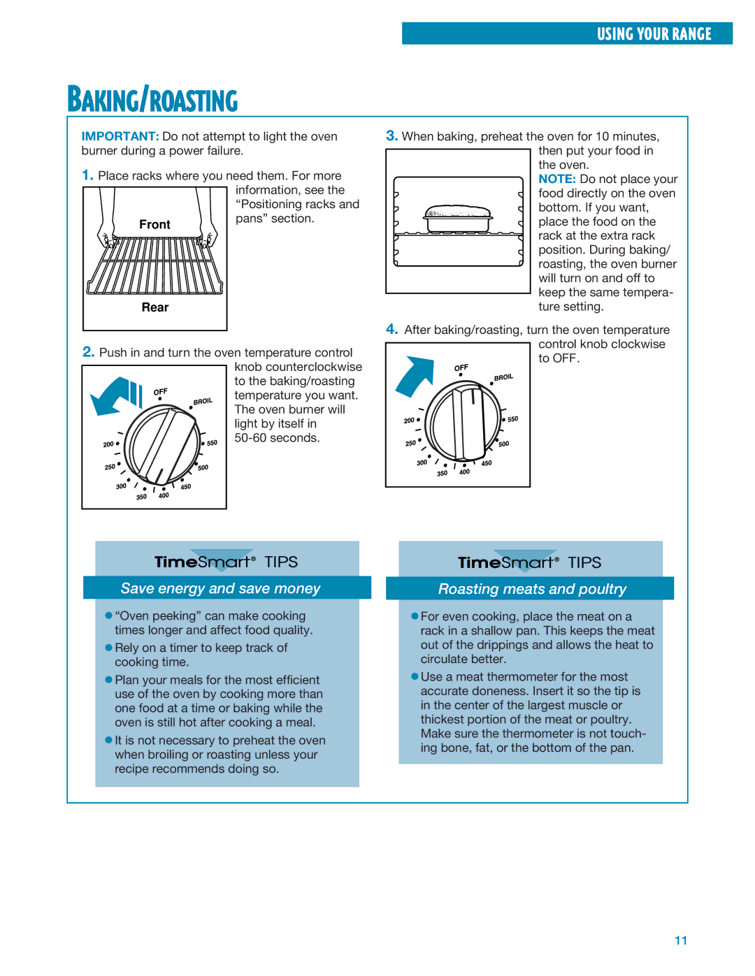 Whirlpool SF304PEE, SF3020EE, SF305PEE warranty Baking/Roasting, Front Pans section Rear 