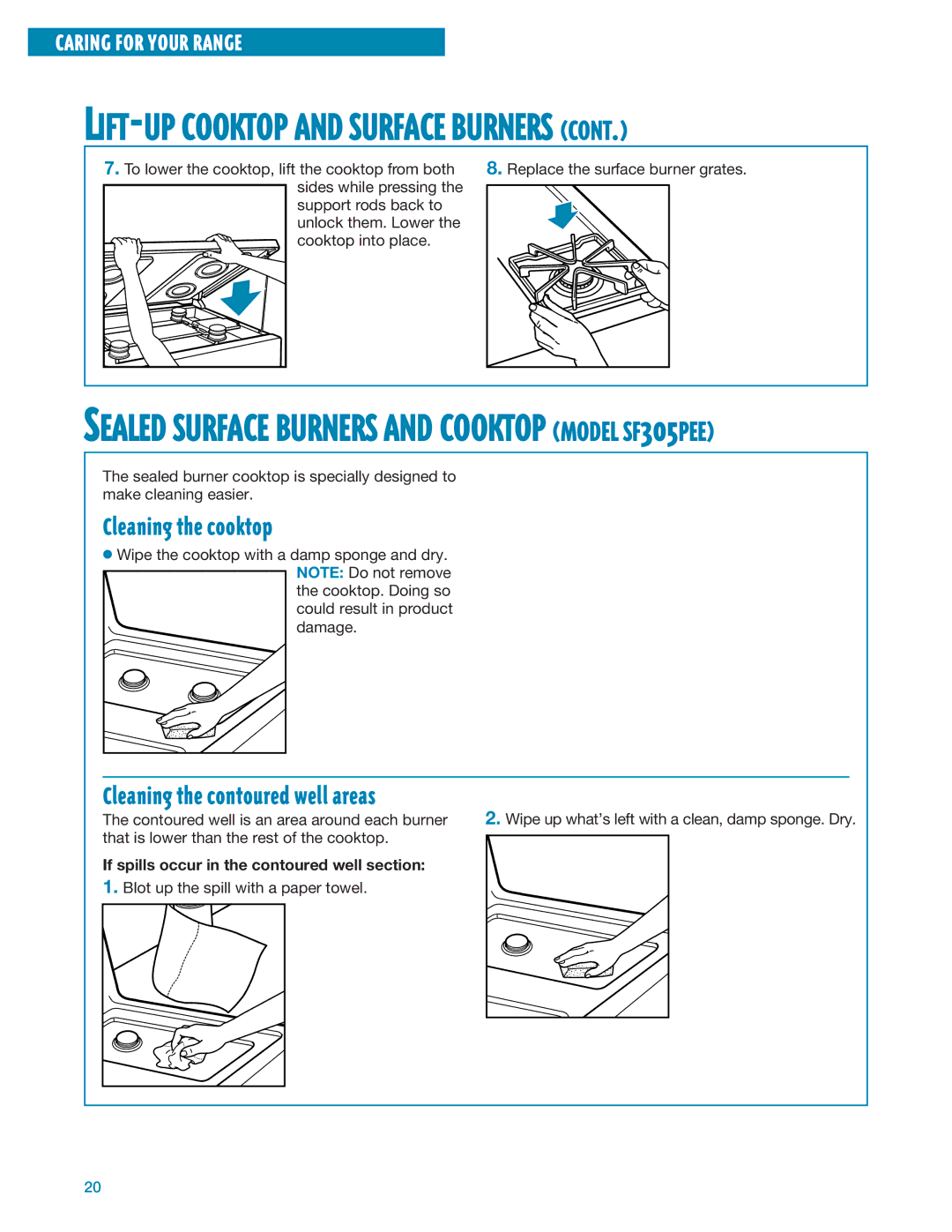 Whirlpool SF304PEE Cleaning the cooktop, Cleaning the contoured well areas, If spills occur in the contoured well section 