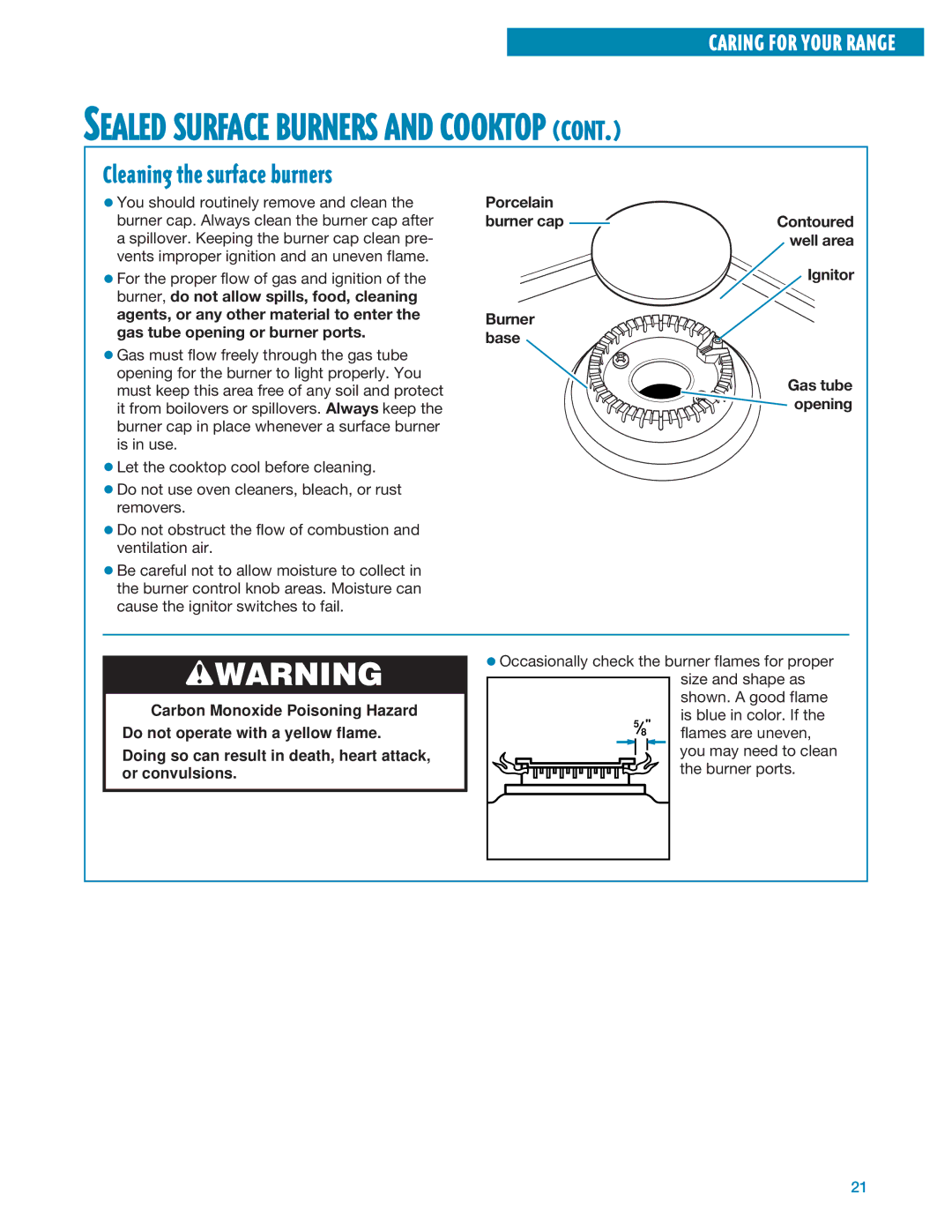 Whirlpool SF3020EE, SF305PEE, SF304PEE Cleaning the surface burners, Porcelain, Contoured well area, Gas tube, Opening 