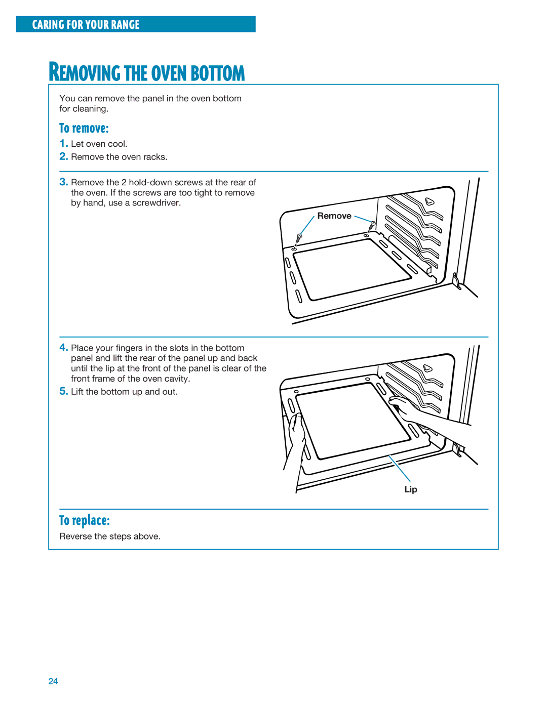 Whirlpool SF3020EE, SF305PEE, SF304PEE warranty Removing the Oven Bottom, Remove, Lip 