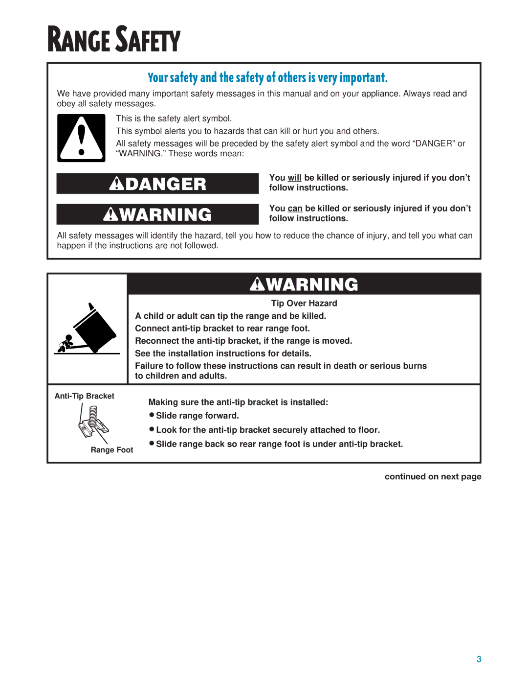 Whirlpool SF3020EE, SF305PEE, SF304PEE warranty Range Safety, On next 