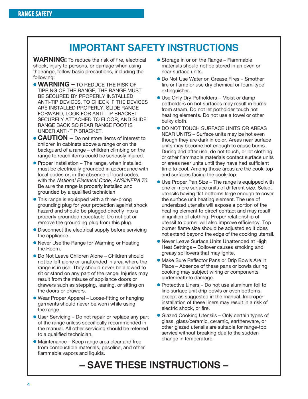 Whirlpool SF305PEE, SF3020EE, SF304PEE warranty Important Safety Instructions 