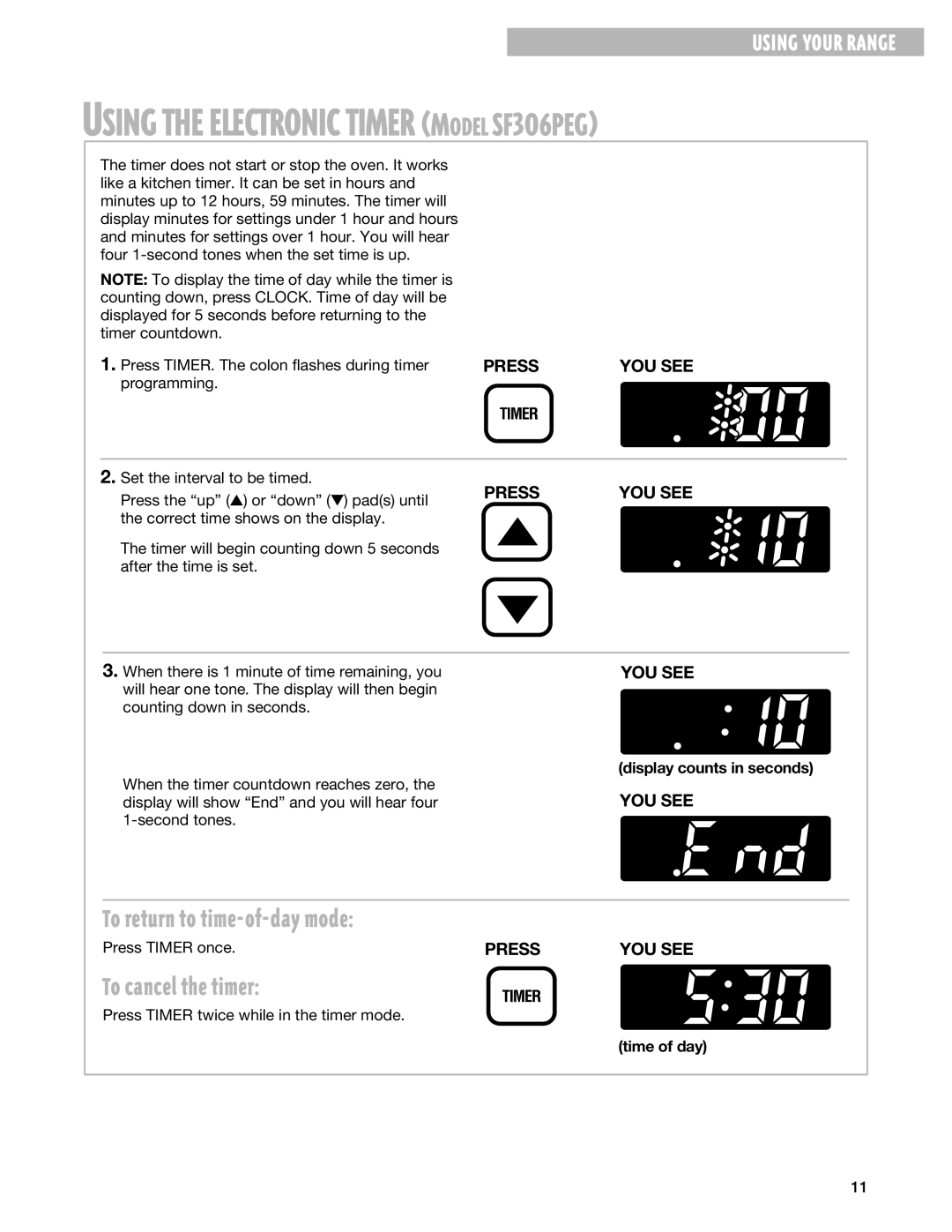 Whirlpool SF303PEG, SF3020EG To return to time-of-day mode, To cancel the timer, Display counts in seconds, Time of day 