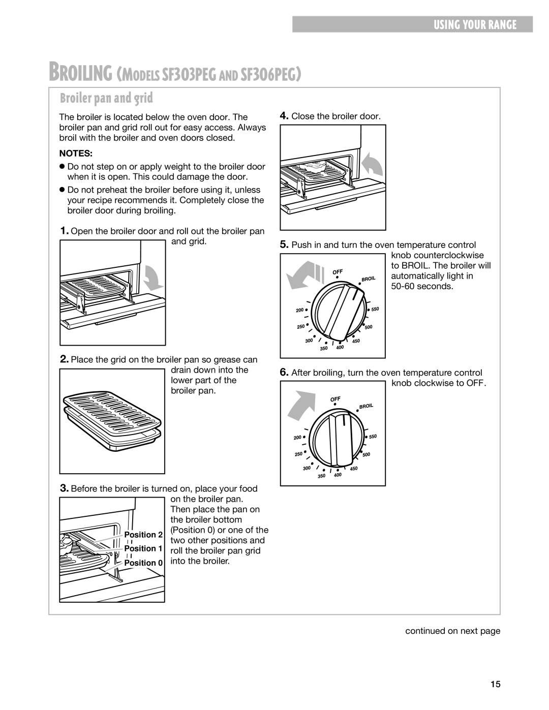 Whirlpool SF303PEG, SF3020EG, SF302BEG, SF306PEG warranty Broiling Models SF3O3PEG and SF3O6PEG, Broiler pan and grid 