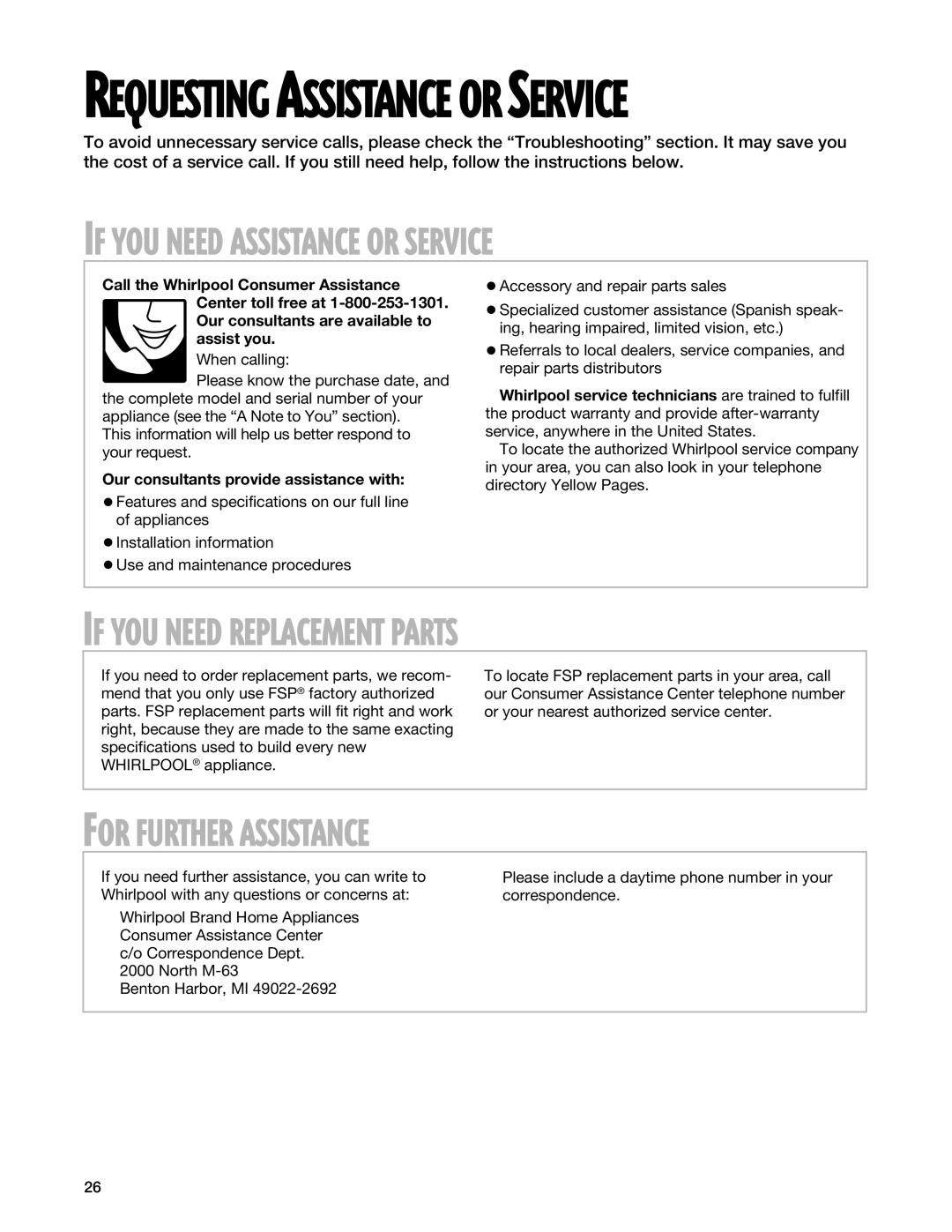 Whirlpool SF306PEG, SF3020EG If YOU Need Assistance or Service, If YOU Need Replacement Parts, For Further Assistance 