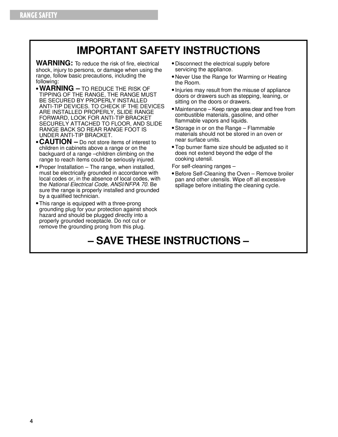 Whirlpool SF3020EG, SF302BEG, SF306PEG, SF303PEG warranty Important Safety Instructions 