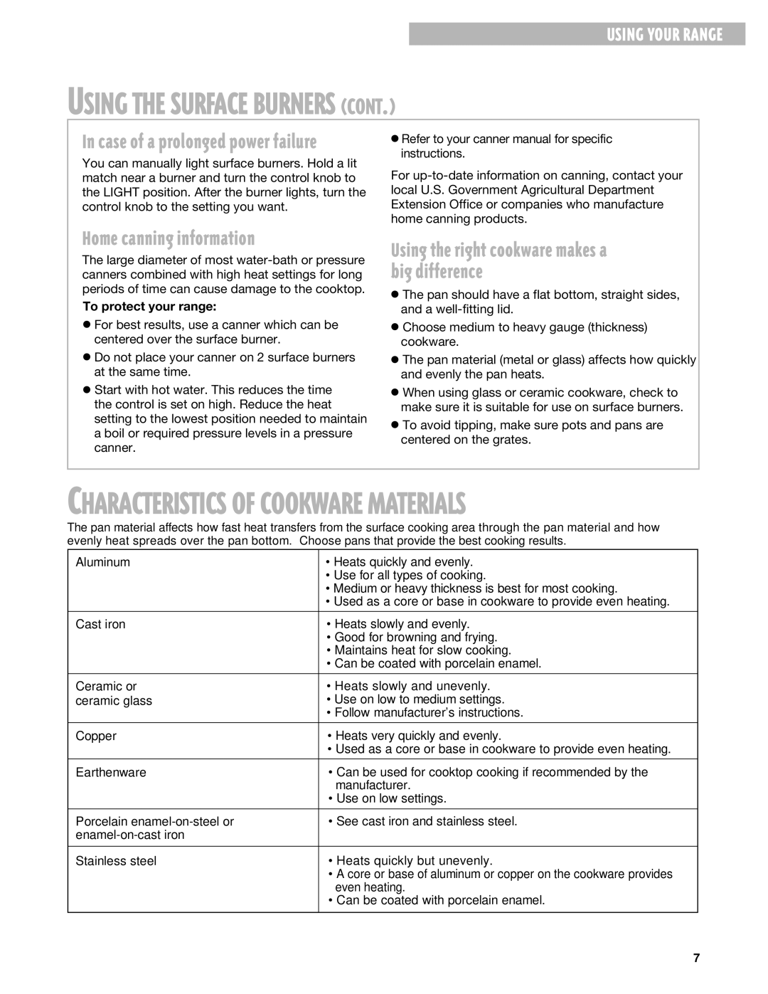 Whirlpool SF303PEG, SF3020EG, SF302BEG, SF306PEG warranty Home canning information, Big difference, To protect your range 