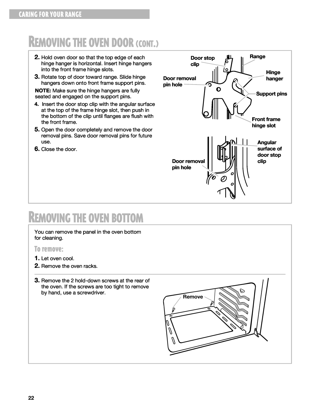 Whirlpool SF306PEG, SF3020EG Removing The Oven Door Cont, Removing The Oven Bottom, To remove, Caring For Your Range 