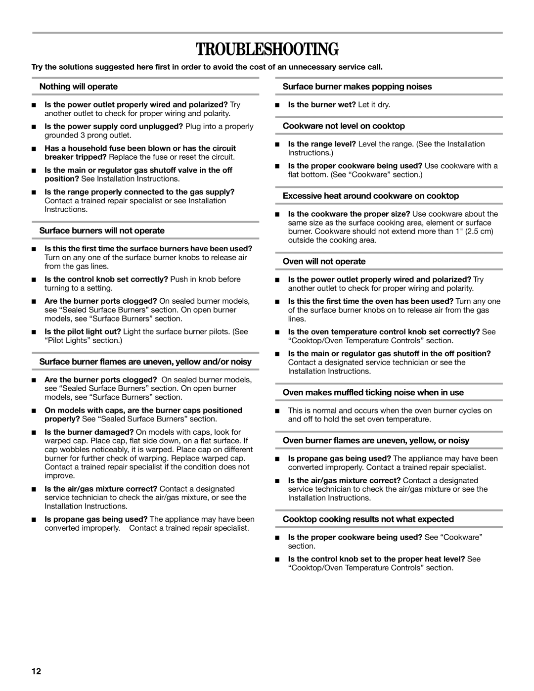 Whirlpool SF3020EKQ3 manual Troubleshooting 