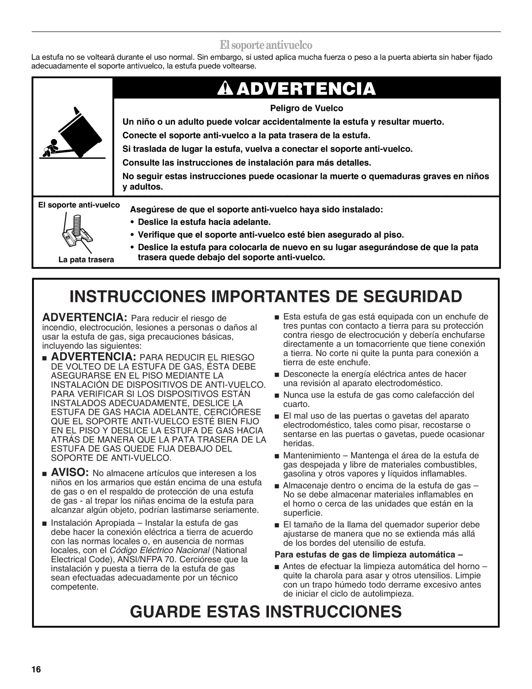 Whirlpool SF3020EKQ3 manual Advertencia, El soporte antivuelco 