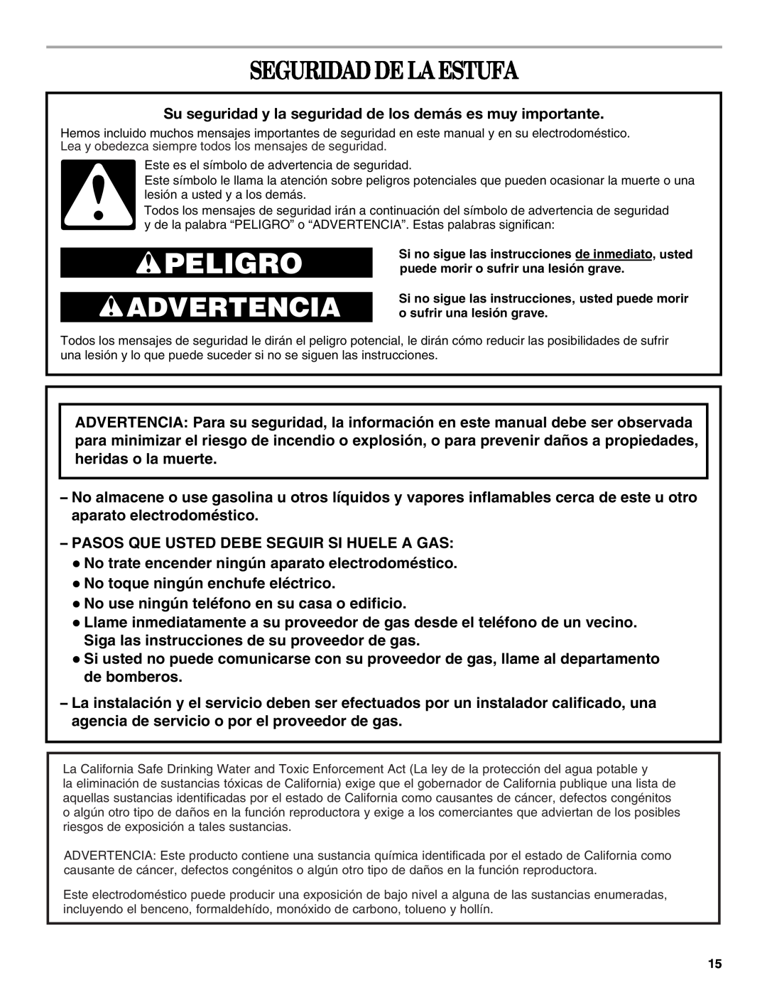 Whirlpool SF3020EKQ3 manual Seguridad De La Estufa, Peligro, Advertencia 