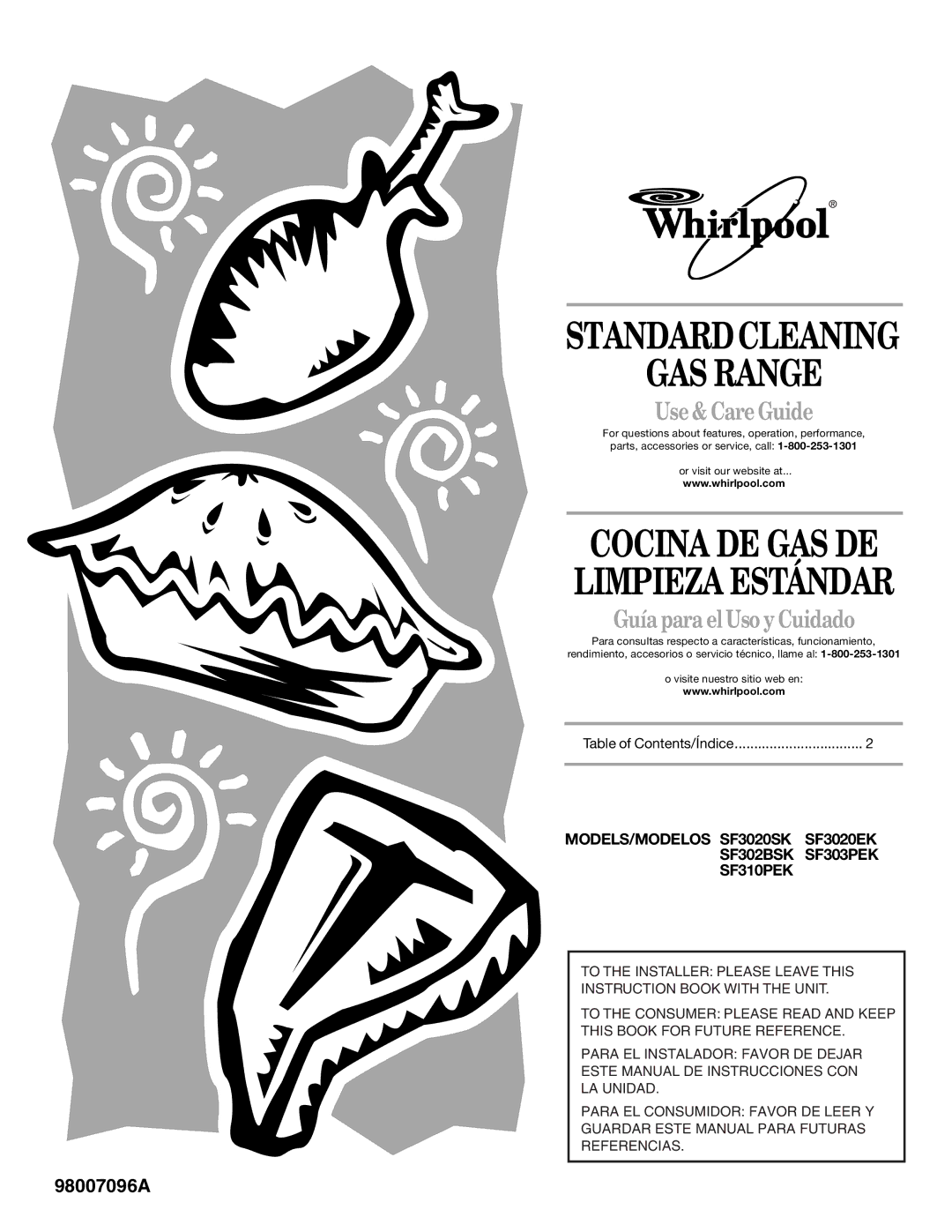 Whirlpool SF302BSK, SF3020SK, SF3020EK, SF310PEK, SF303PEK manual GAS Range, Use & Care Guide, Guía para el Uso y Cuidado 