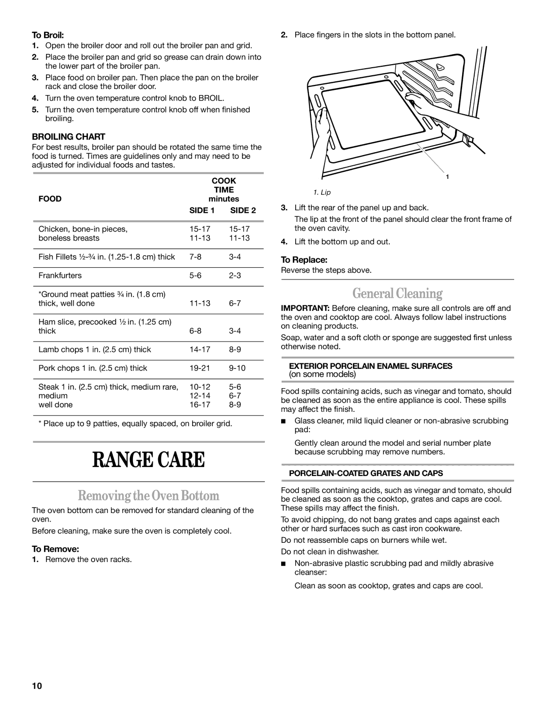 Whirlpool SF3020SK, SF302BSK, SF3020EK, SF310PEK manual Range Care, Removing the Oven Bottom, General Cleaning, Broiling Chart 