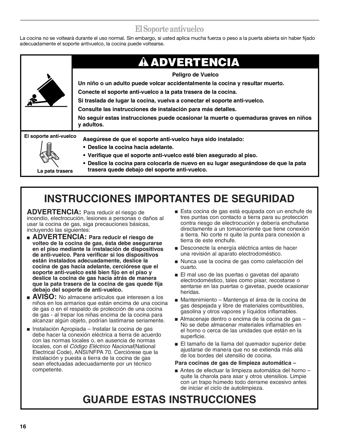 Whirlpool SF302BSK, SF3020SK, SF3020EK, SF310PEK, SF303PEK manual Advertencia, El Soporte antivuelco 