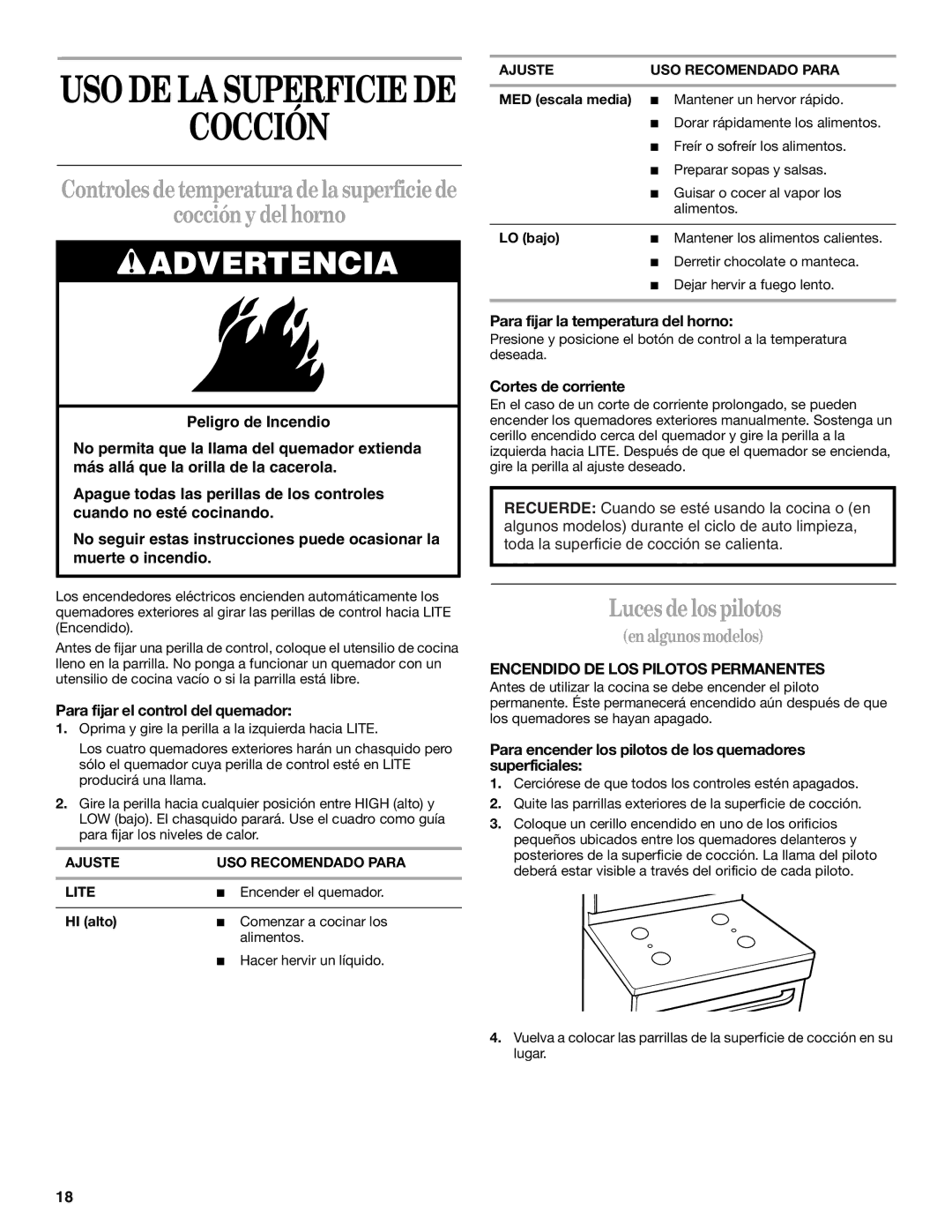 Whirlpool SF310PEK, SF3020SK, SF302BSK Cocción y del horno, Luces de los pilotos, Encendido DE LOS Pilotos Permanentes 