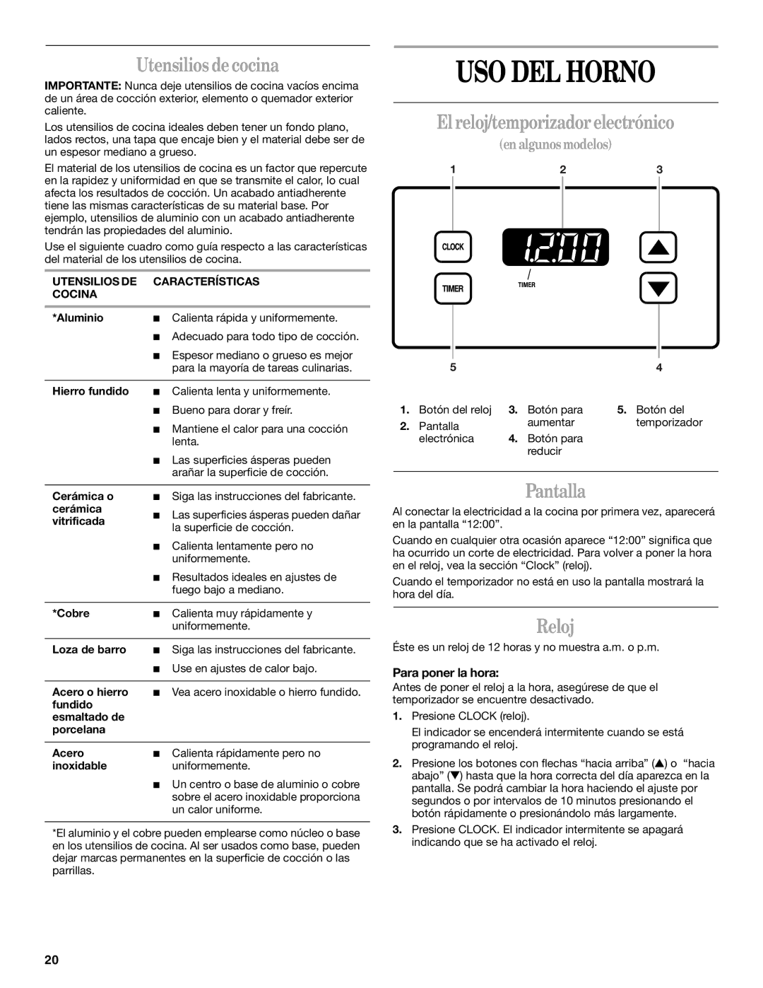 Whirlpool SF3020SK, SF302BSK manual USO DEL Horno, Utensilios de cocina, El reloj/temporizador electrónico, Pantalla, Reloj 