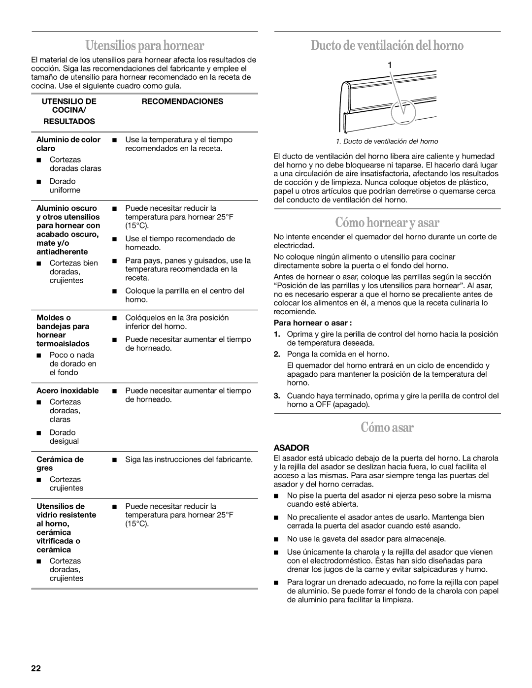 Whirlpool SF3020EK manual Utensilios para hornear, Ducto de ventilación del horno, Cómo hornear y asar, Cómo asar, Asador 