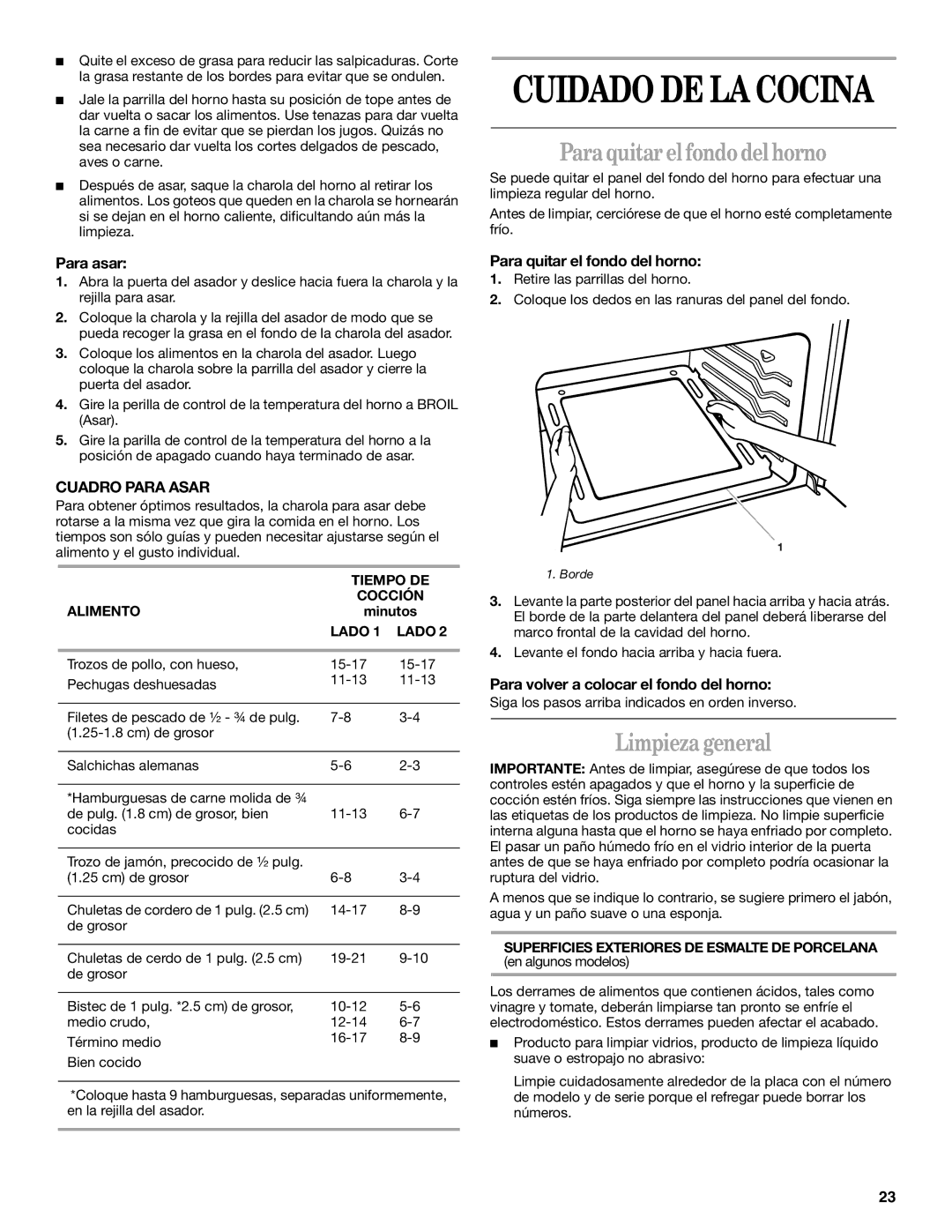 Whirlpool SF310PEK, SF3020SK, SF302BSK, SF3020EK, SF303PEK Para quitar el fondo del horno, Limpieza general, Cuadro Para Asar 