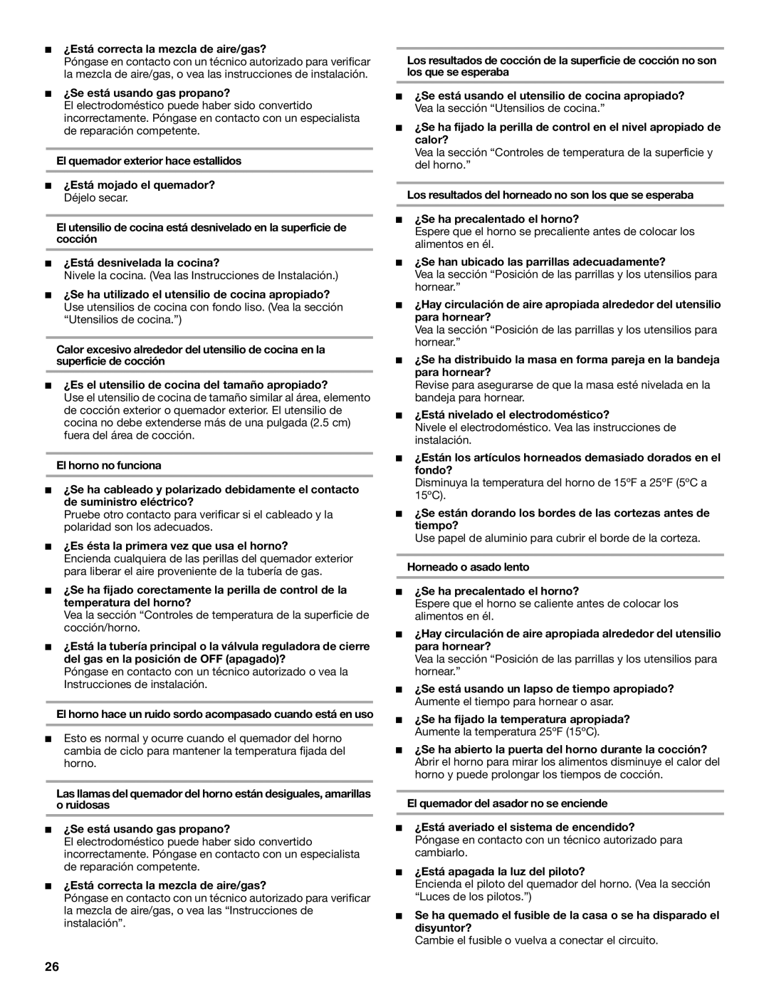 Whirlpool SF302BSK, SF3020SK, SF3020EK, SF310PEK manual ¿Está correcta la mezcla de aire/gas?, ¿Se está usando gas propano? 