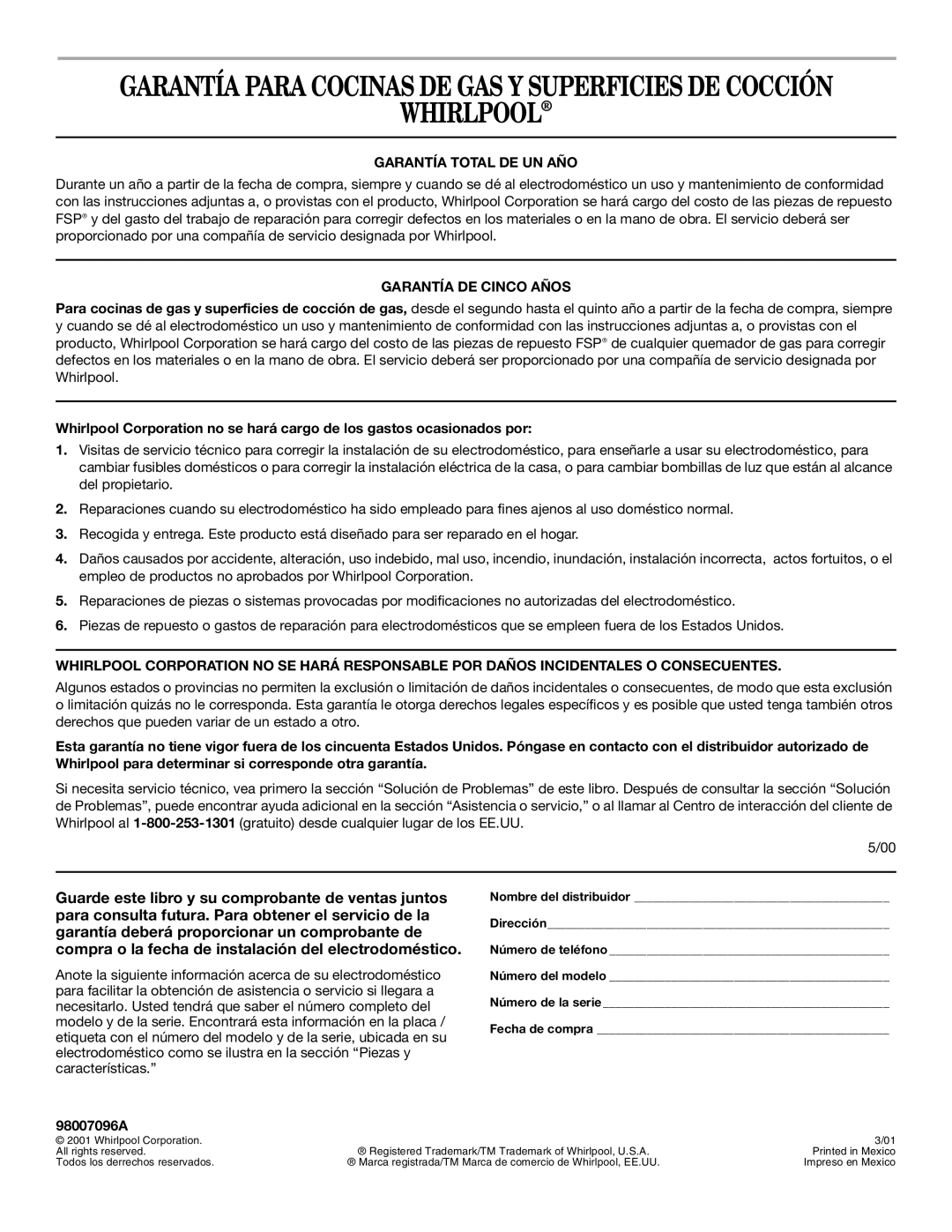 Whirlpool SF310PEK, SF3020SK, SF302BSK, SF3020EK, SF303PEK manual Garantía Total DE UN AÑO, Garantía DE Cinco Años, 98007096A 