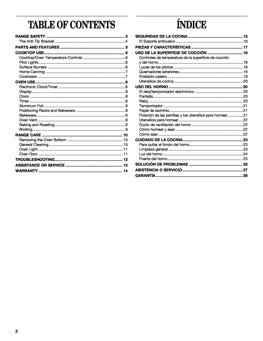 Whirlpool SF3020EK, SF3020SK, SF302BSK, SF310PEK, SF303PEK manual Índice, Table Of Contents 