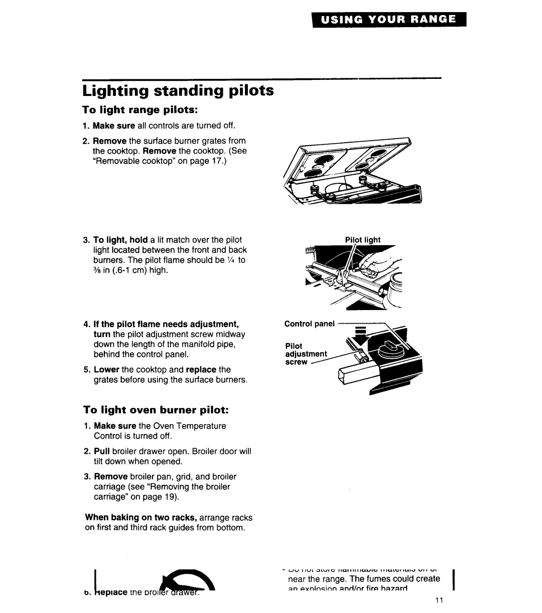 Whirlpool SF305BSW/EW, SF3020SW/EW manual Lighting standing pilots, To light range pilots, To light oven burner pilot 