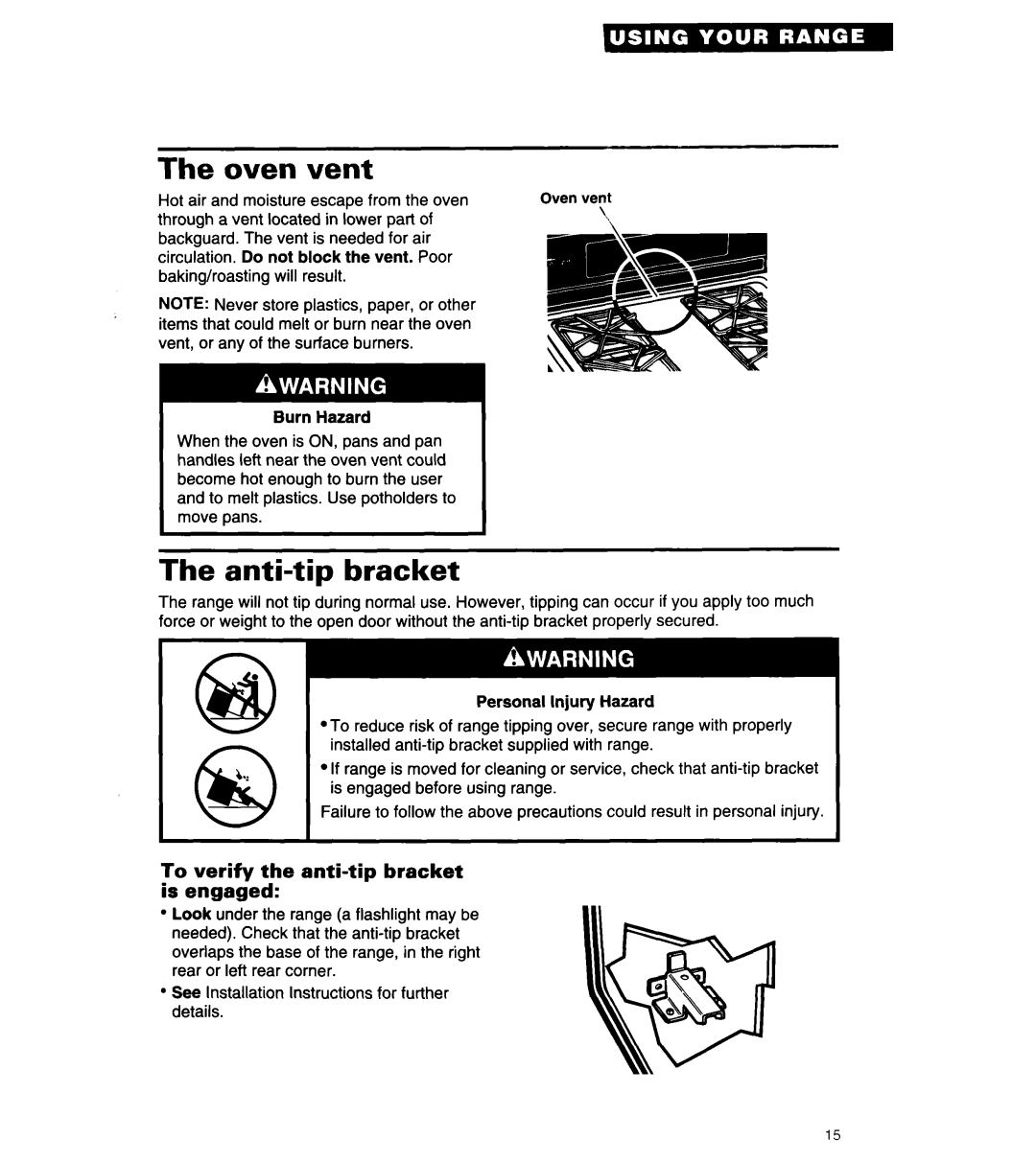 Whirlpool SF305BSW/EW, SF3020SW/EW manual Oven vent, Anti-tip bracket, To verify the anti-tip bracket is engaged 