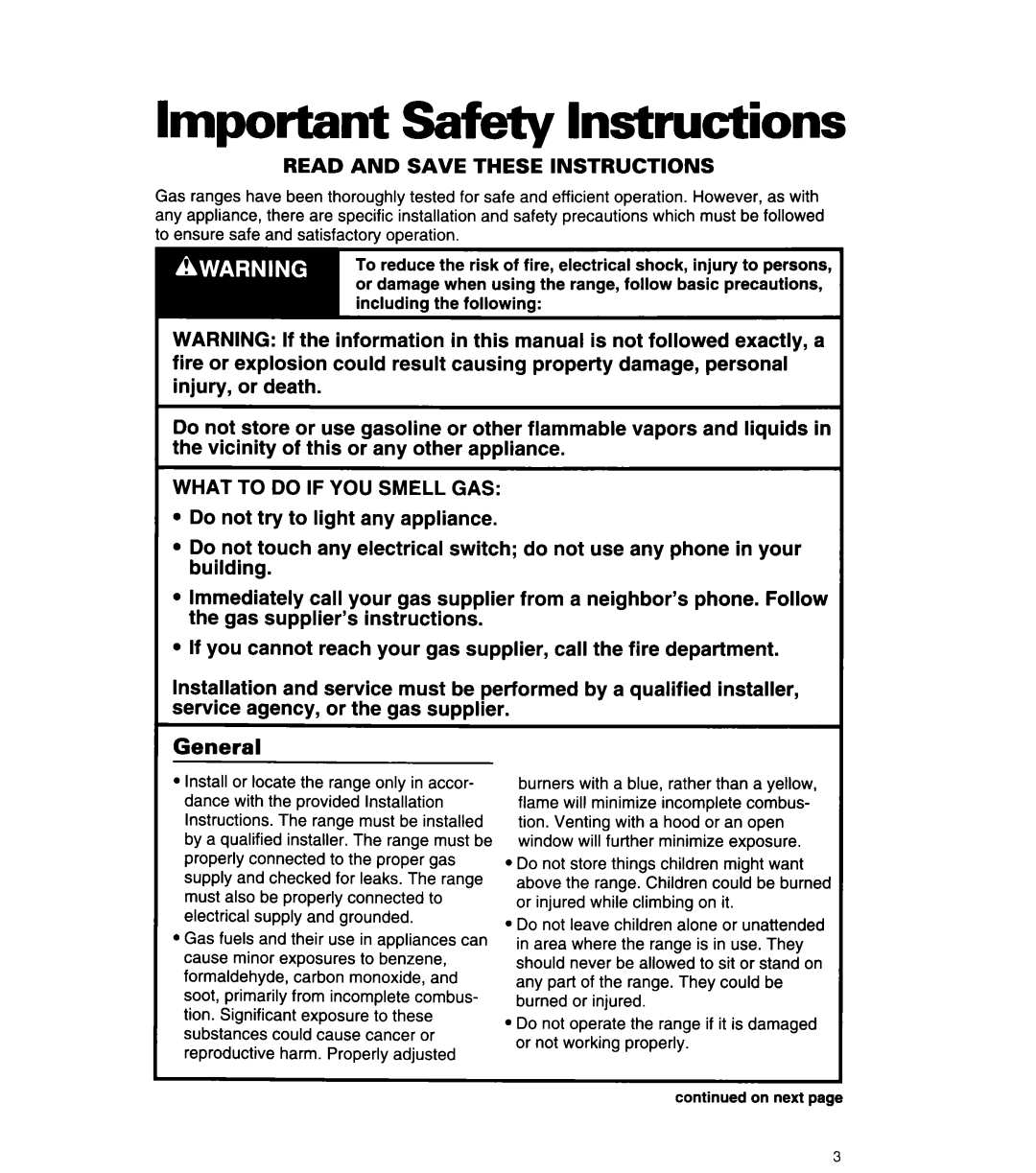 Whirlpool SF305BSW/EW, SF3020SW/EW manual Important Safety Instructions, Read and Save These Instructions 