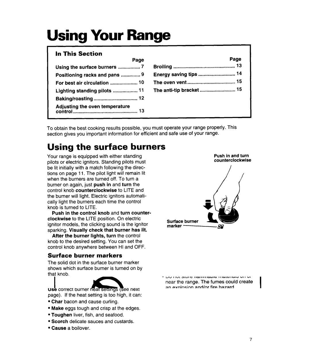 Whirlpool SF305BSW/EW, SF3020SW/EW manual Range, Using the surface burners 