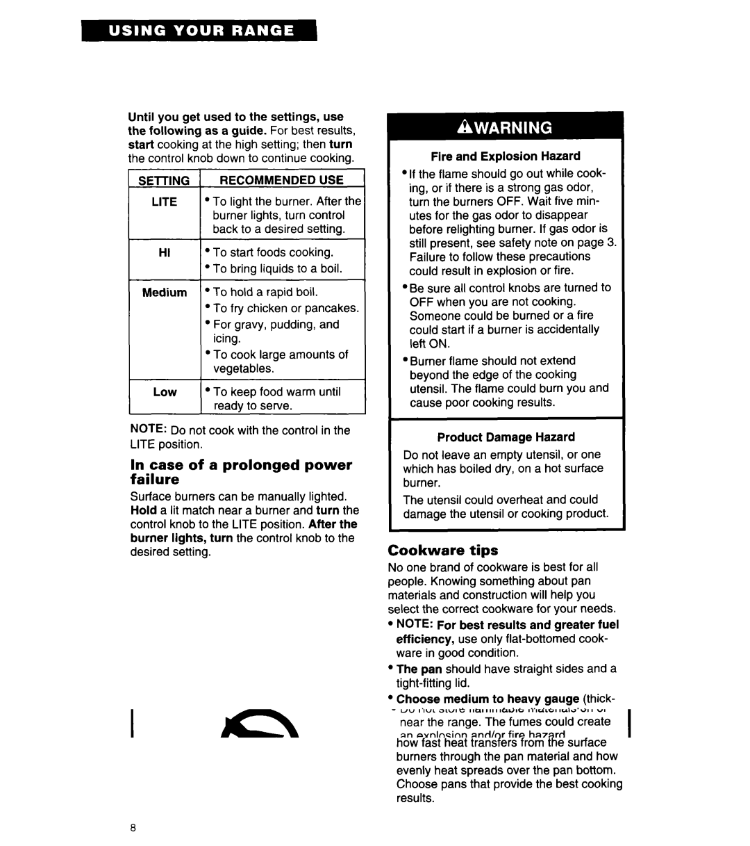 Whirlpool SF3020SW/EW, SF305BSW/EW manual Case of a prolonged power failure, Cookware tips, Recommended USE 