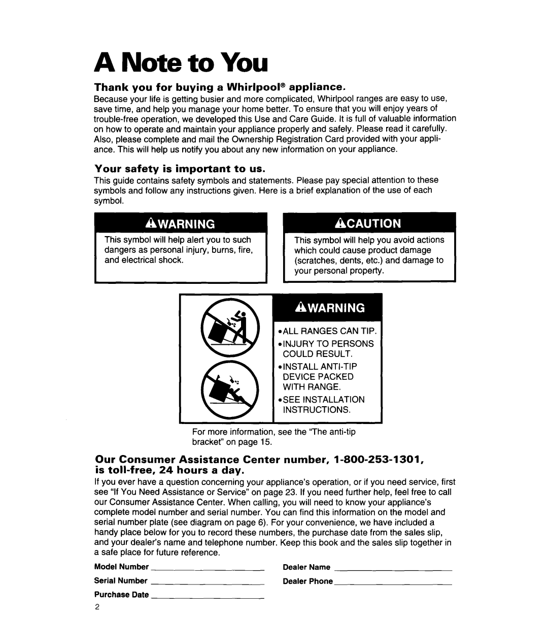 Whirlpool SF3020SW/EW manual A Note to You, Thank you for buying a Whirlpool@ appliance, Your safety is important to us 