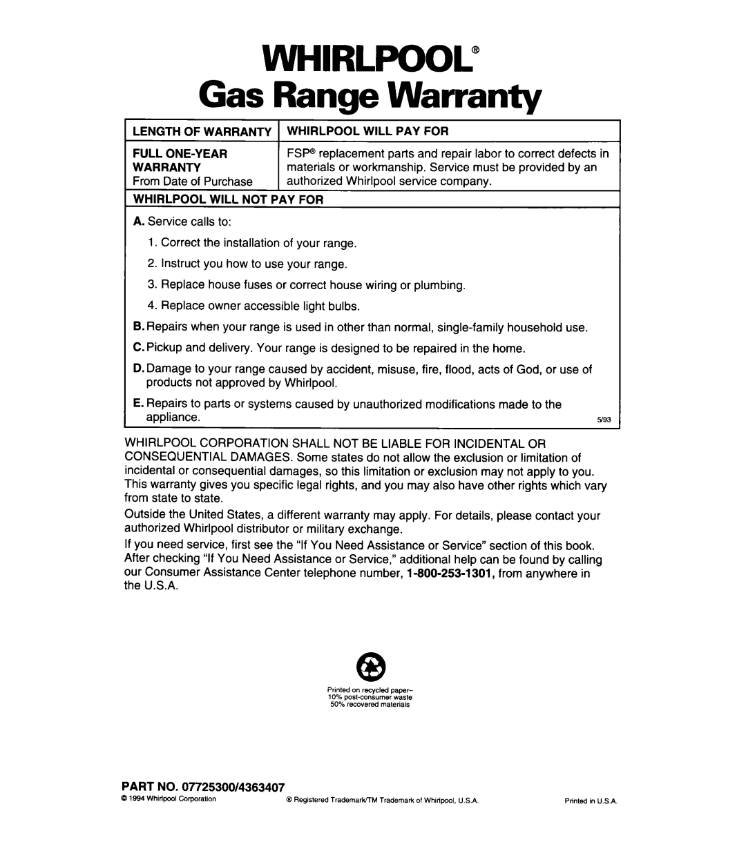 Whirlpool SF3020SW/EW, SF305BSW/EW manual WHIRLPOOL” Gas Range Warranty 