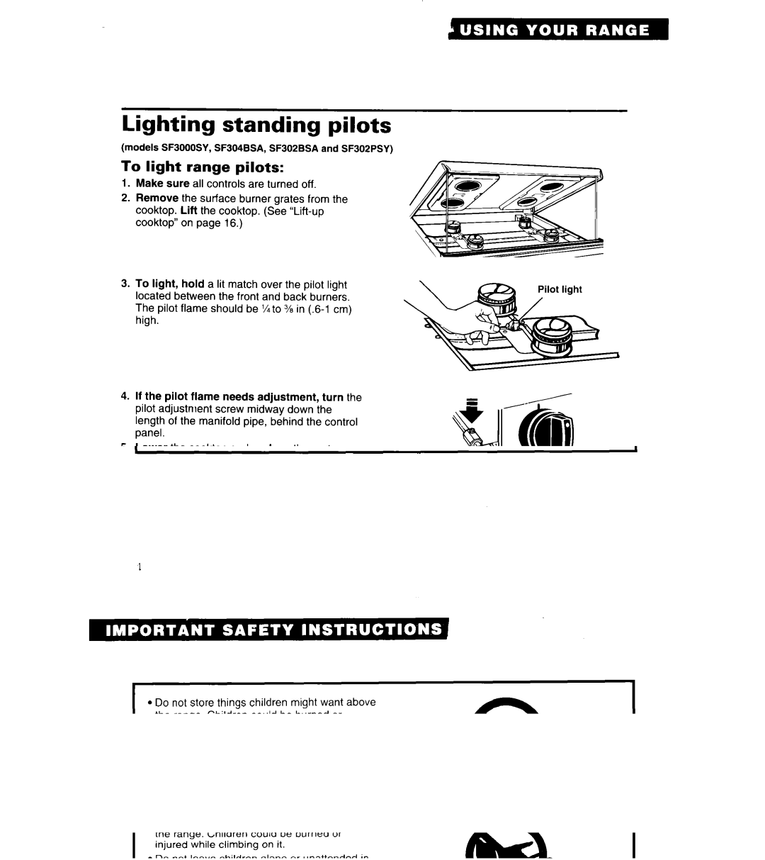 Whirlpool SF3000EY, SF302BSA, SF302BEA, SF3000SY Lighting standing pilots, To light range pilots, To light oven burner pilot 