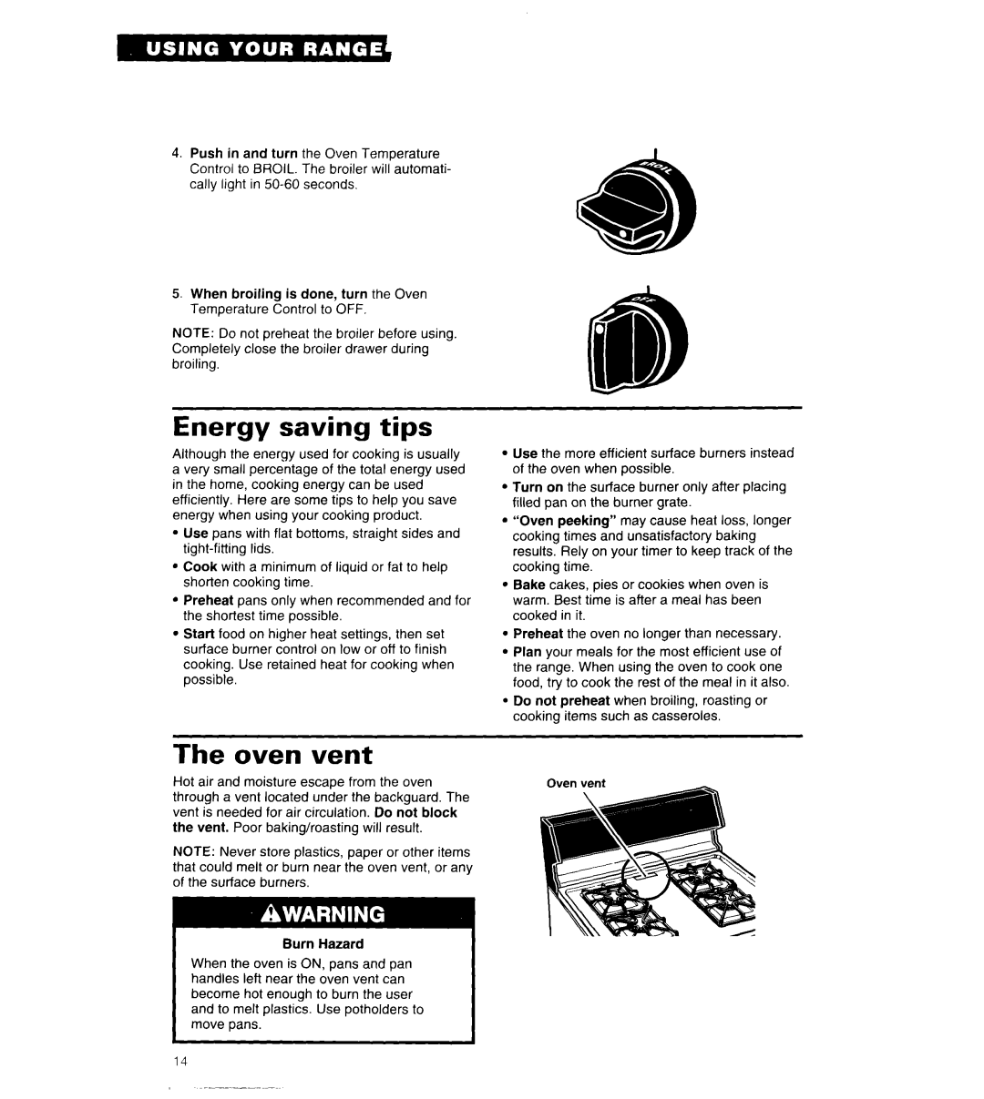 Whirlpool SF302PSY, SF302BSA, SF3000EY, SF302BEA, SF3000SY manual Energy saving tips, Oven vent 