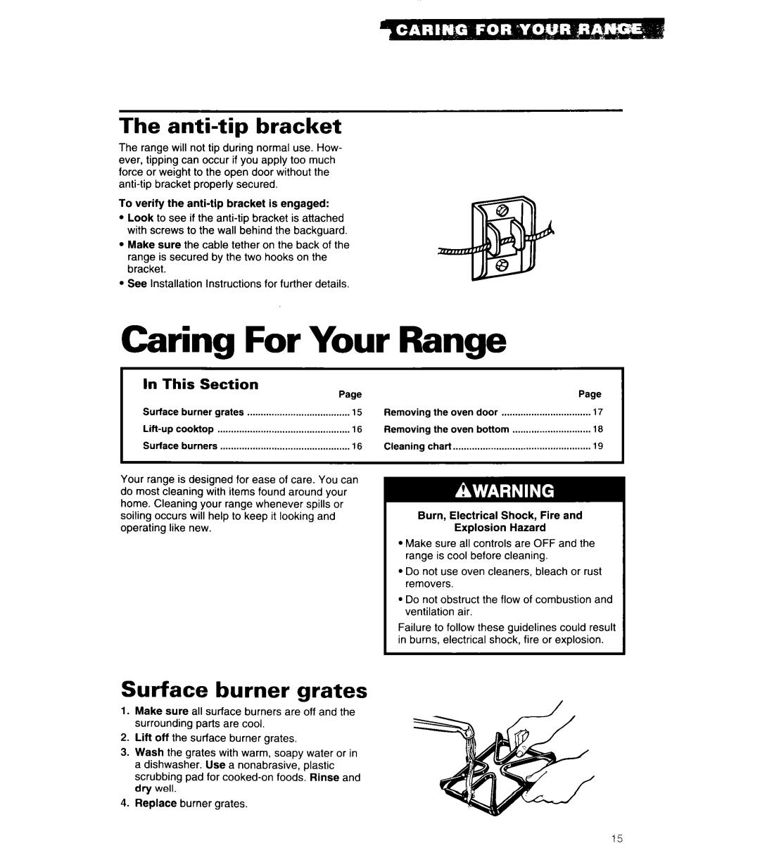 Whirlpool SF302BSA, SF3000EY, SF302BEA, SF3000SY, SF302PSY Caring For Your Range, Anti-tip bracket, Surface burner grates 