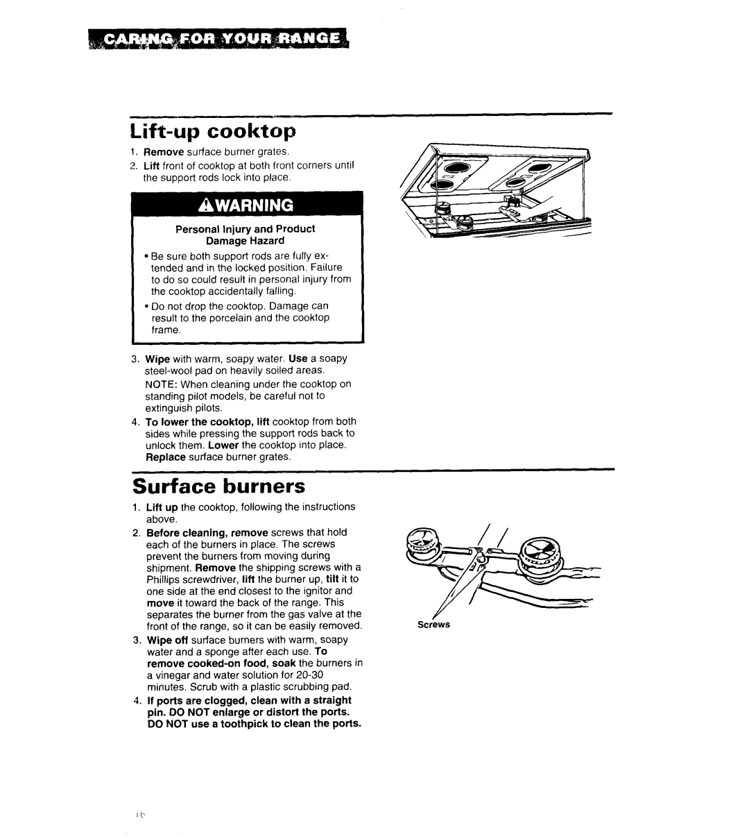 Whirlpool SF3000EY, SF302BSA, SF302BEA, SF3000SY, SF302PSY Lift-up cooktop, Surface burners, Replace surface burner grates 