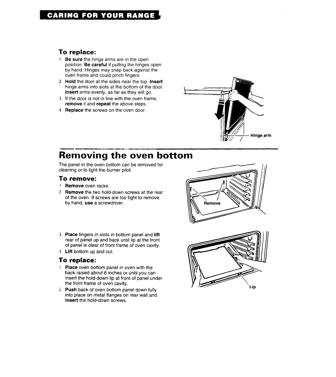 Whirlpool SF3000SY manual Removing the oven botto, To replace, Replace the screws on the oven door, Lift bottom up and out 