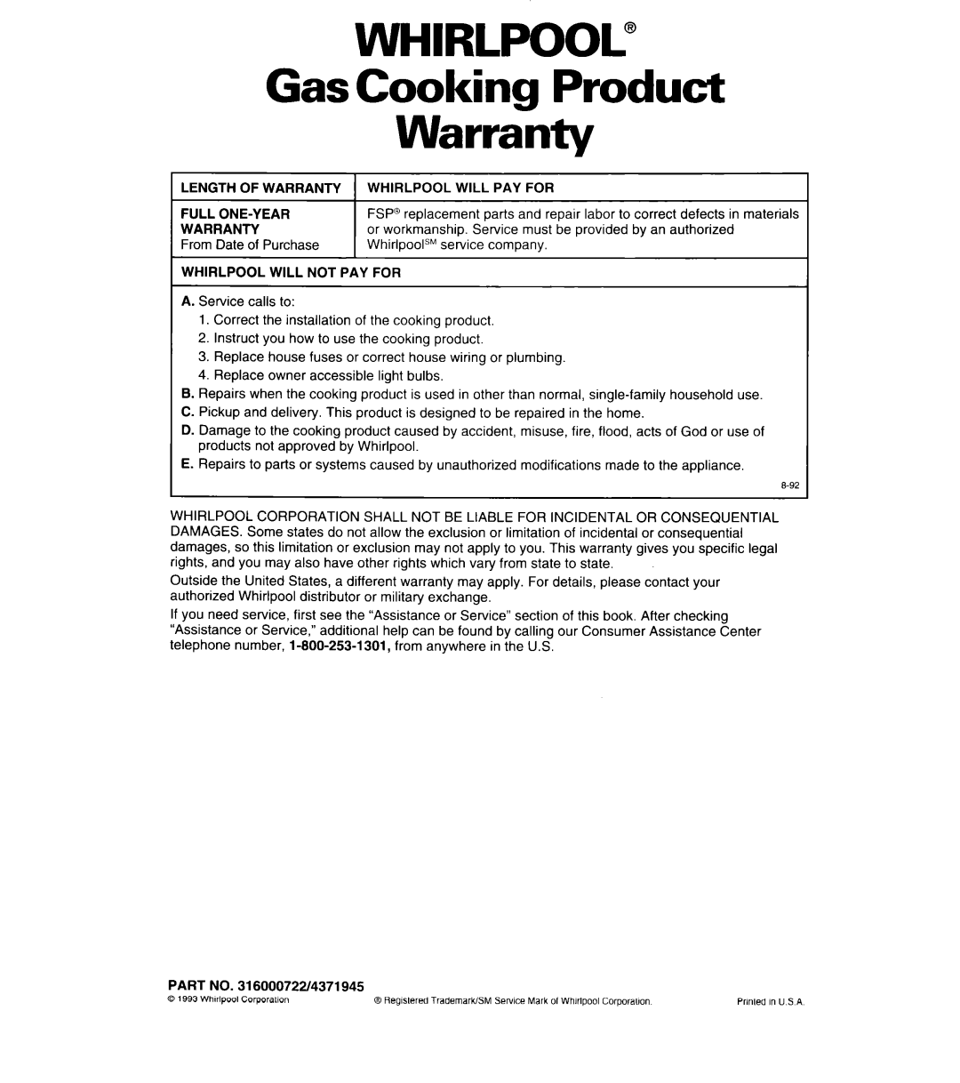 Whirlpool SF302PSY manual Gas Cooking Product Warranty, Length of Warranty, From Date of Purchase, Whirlpool will PAY for 