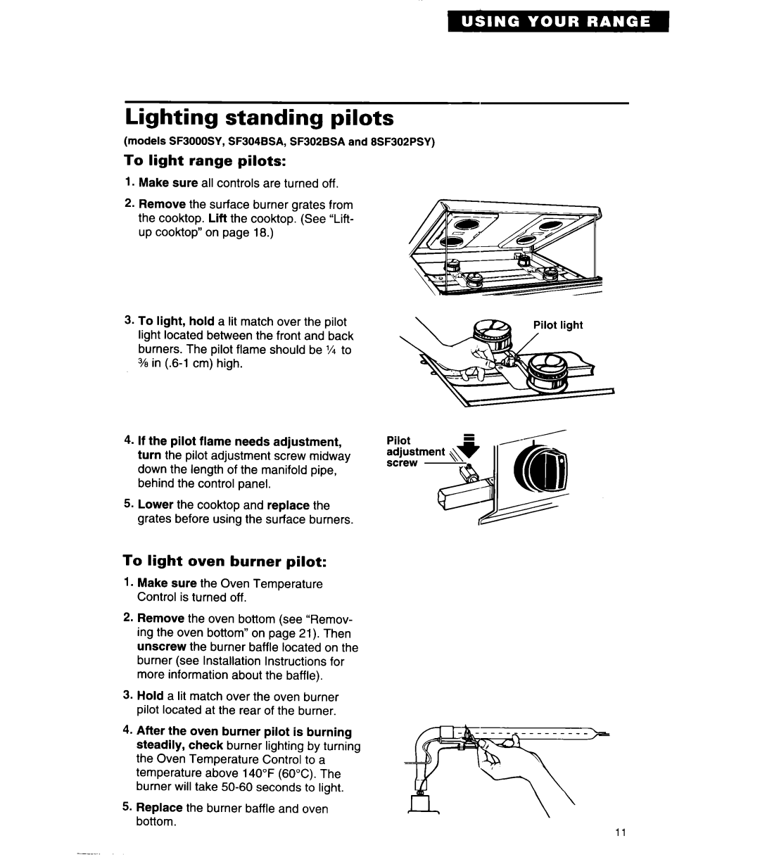 Whirlpool 8SF302PSY, SF302BSA/BEA, SF304BSA Lighting standing pilots, To light range pilots, To light oven burner pilot 